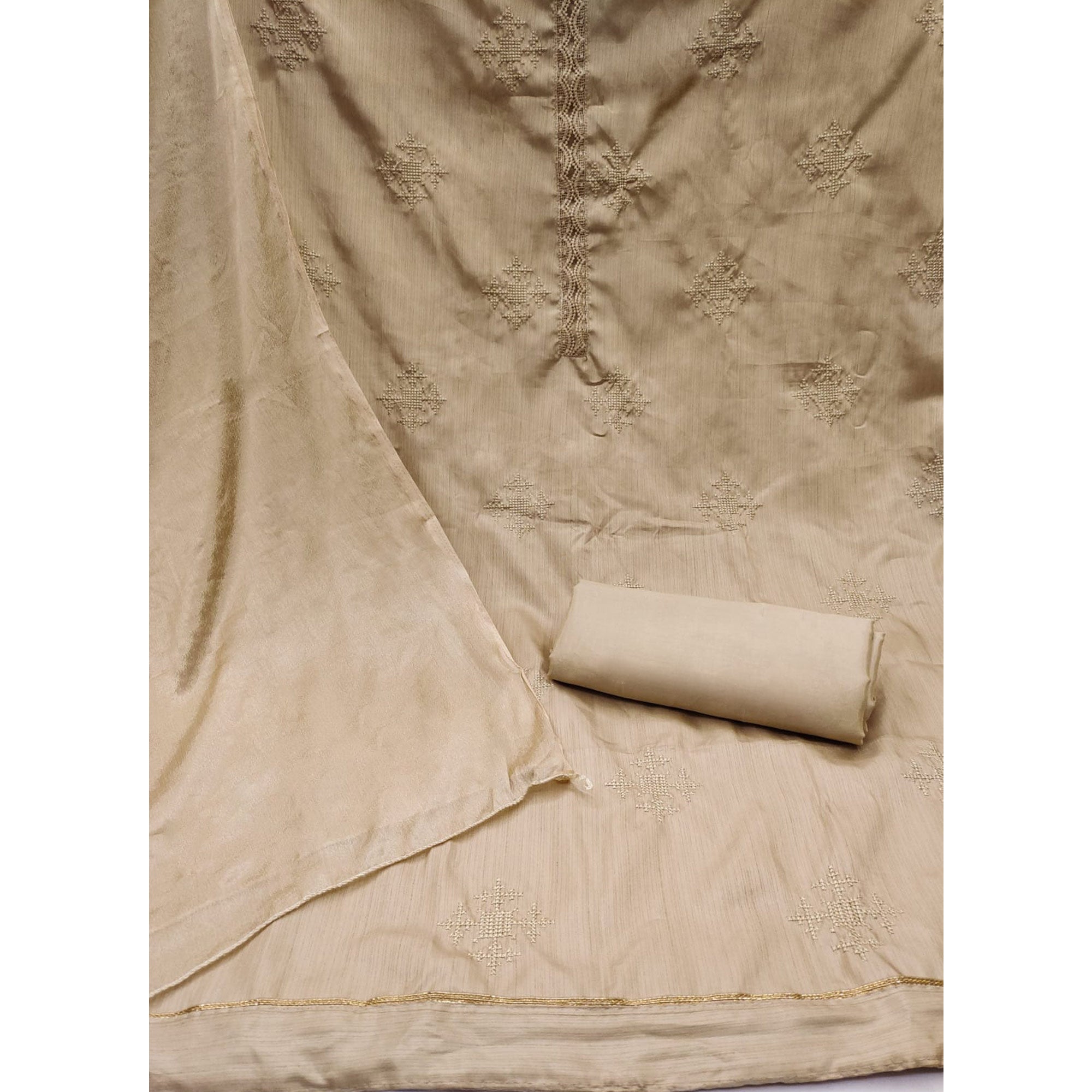 Light Chikoo Embroidered Raw Silk Dress Material
