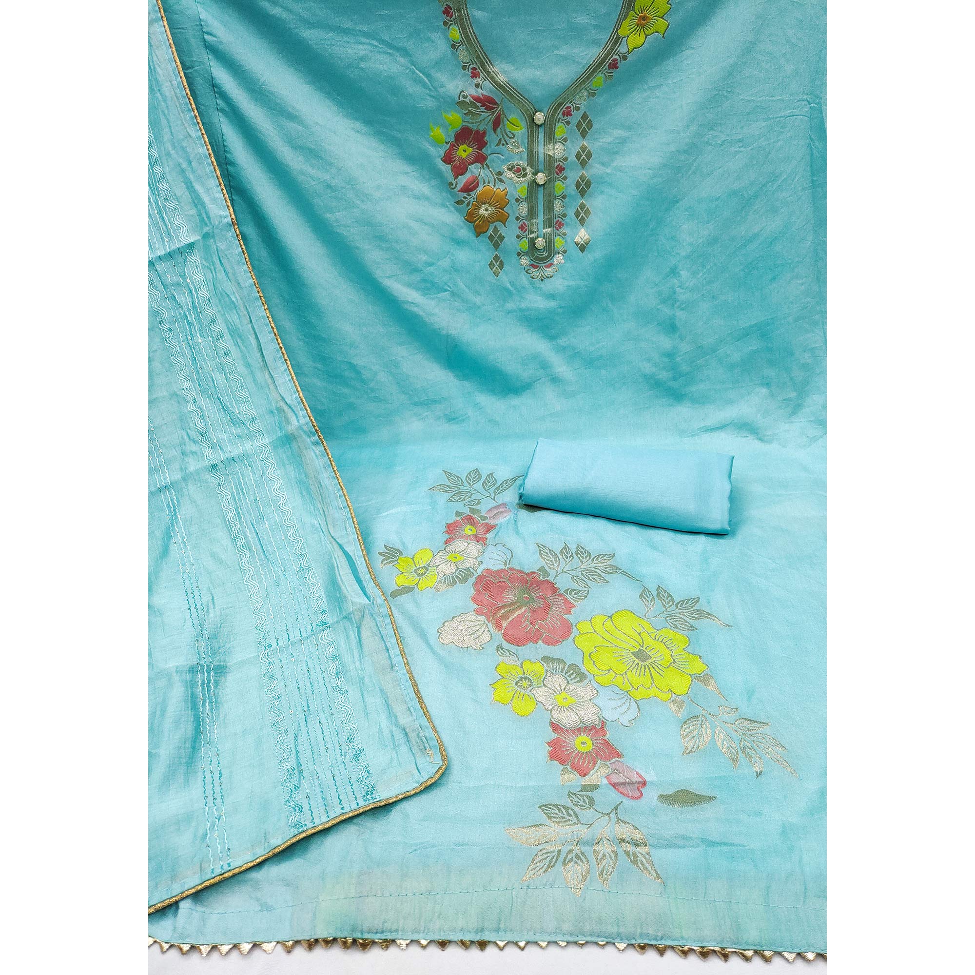 Blue Floral Woven Banarasi Silk Dress Material