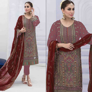 Mauve Embroidered Georgette Semi Stitched Pakistani Suit