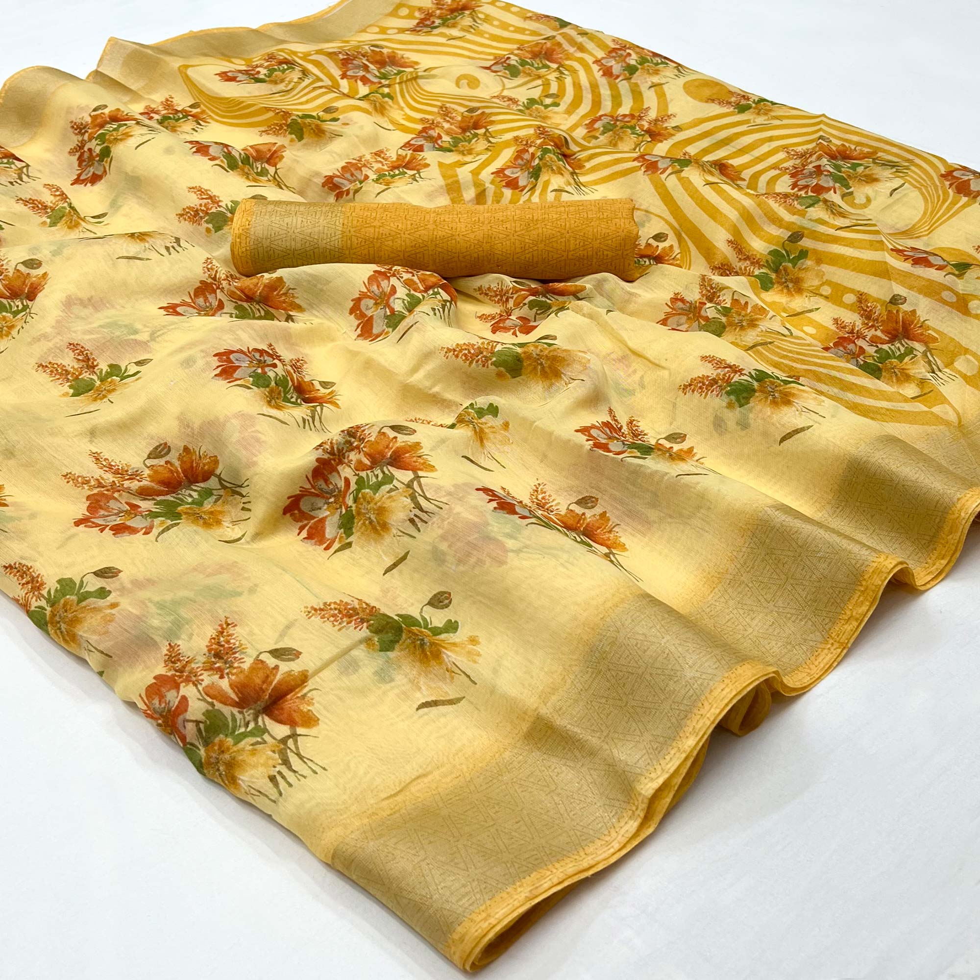 Yellow Floral Printed Linen Saree