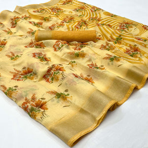 Yellow Floral Printed Linen Saree