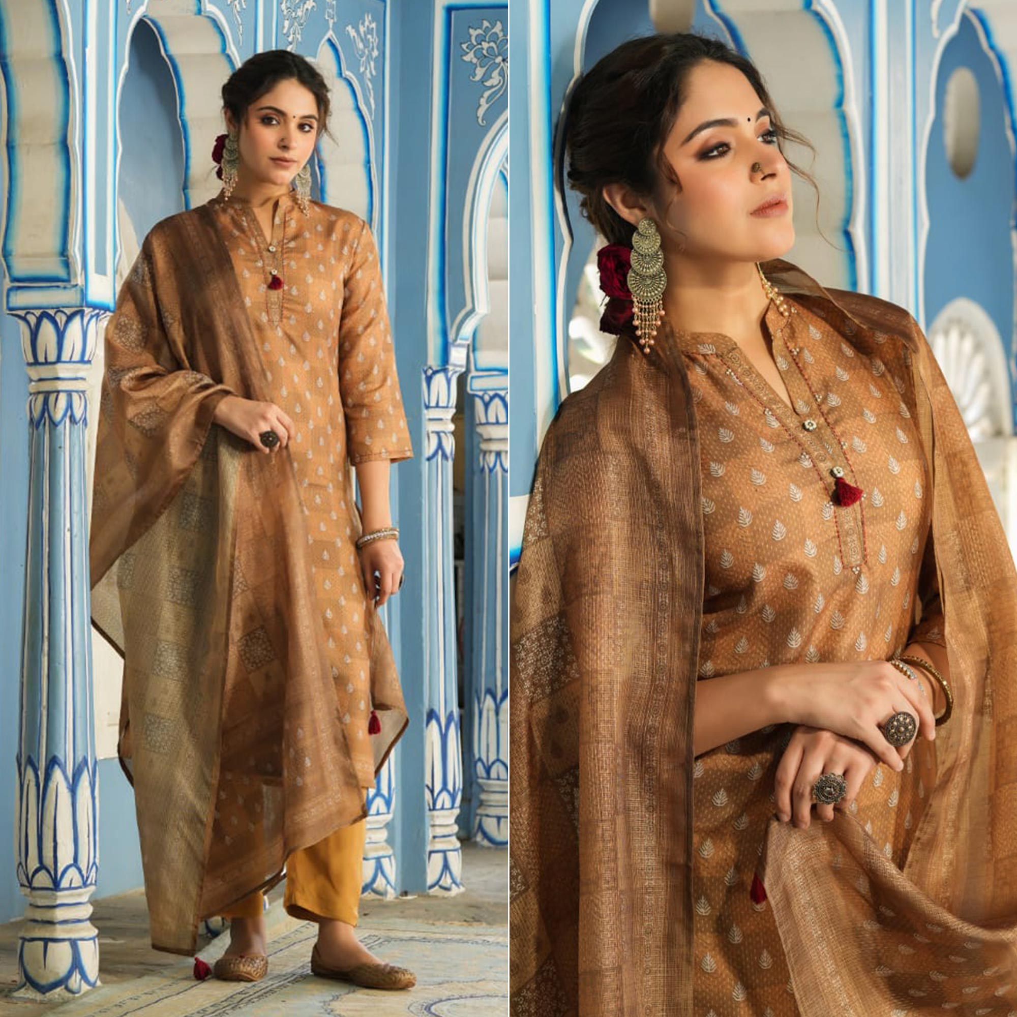 Brown Checked Printed Rayon Suit