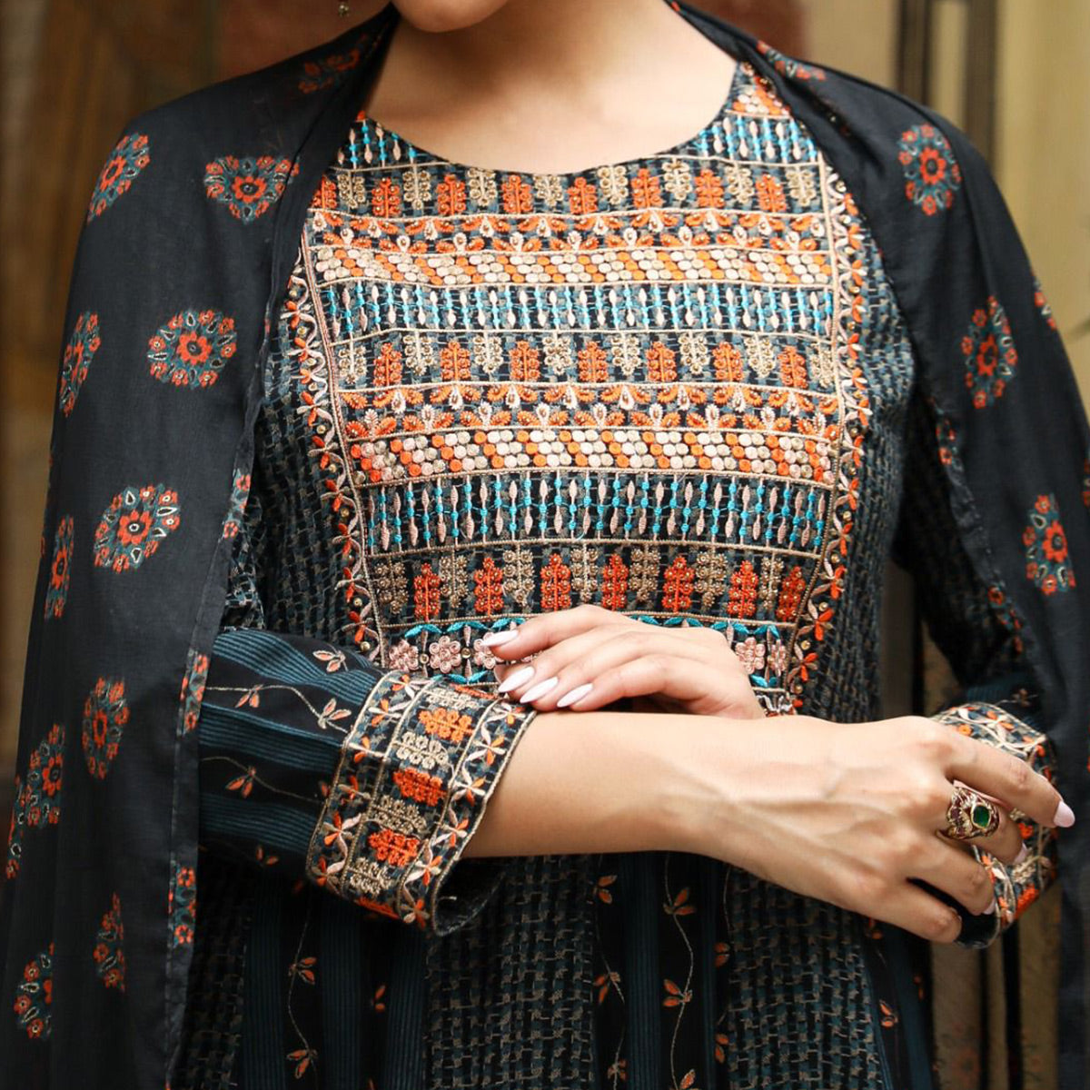 Black Printed With Embroidered Rayon Anarkali Suit