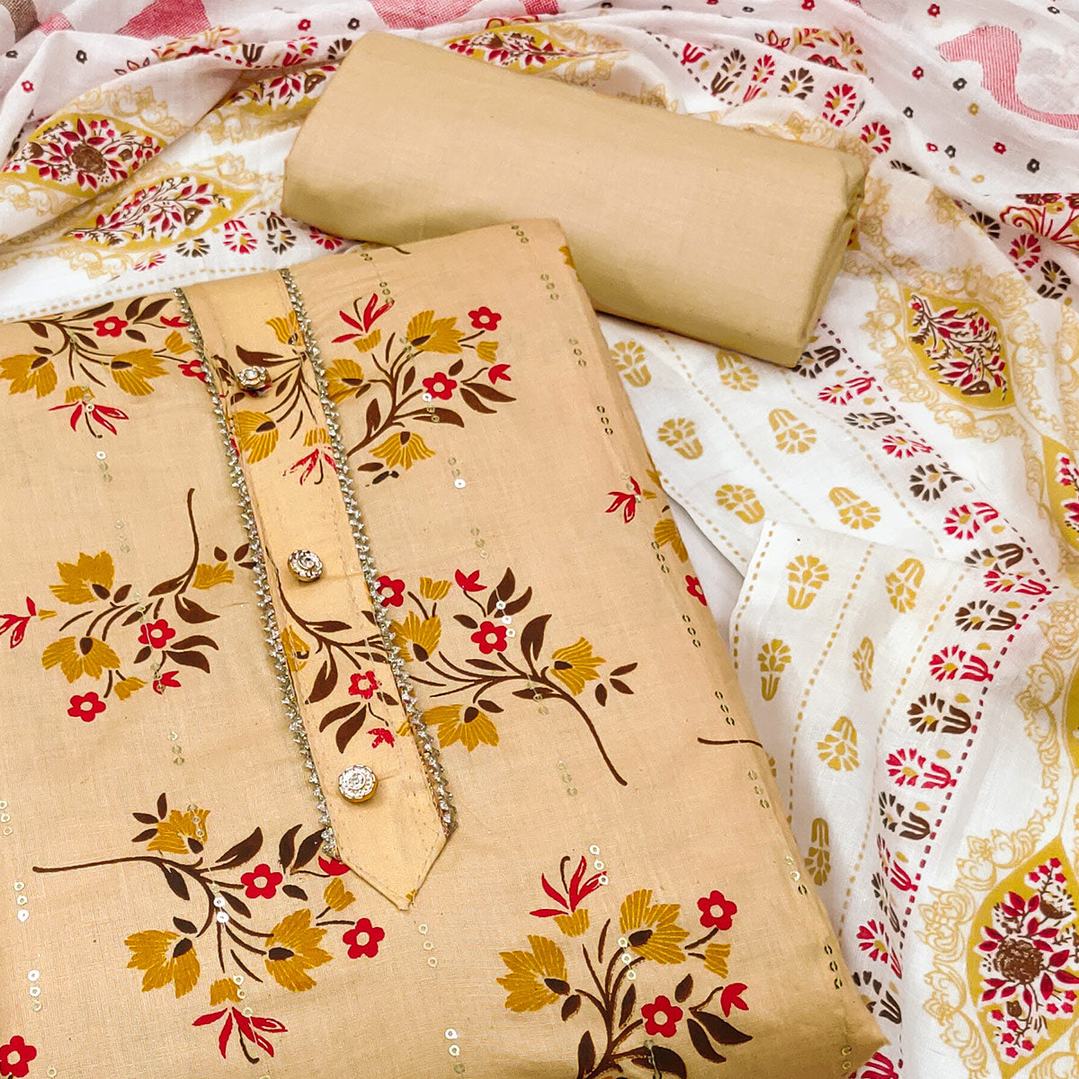 Cream Floral Printed With Embroidered Pure Cotton Dress Material
