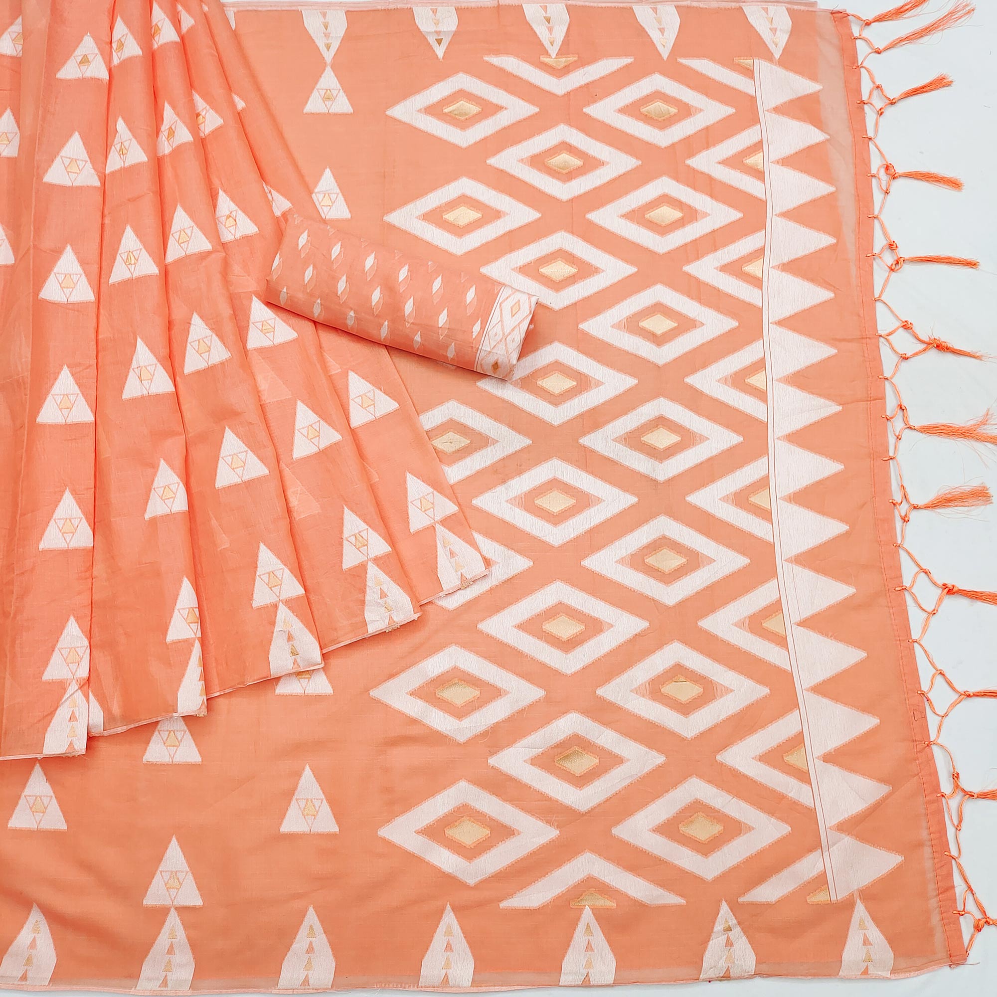 Peach Woven Cotton Saree With Tassels