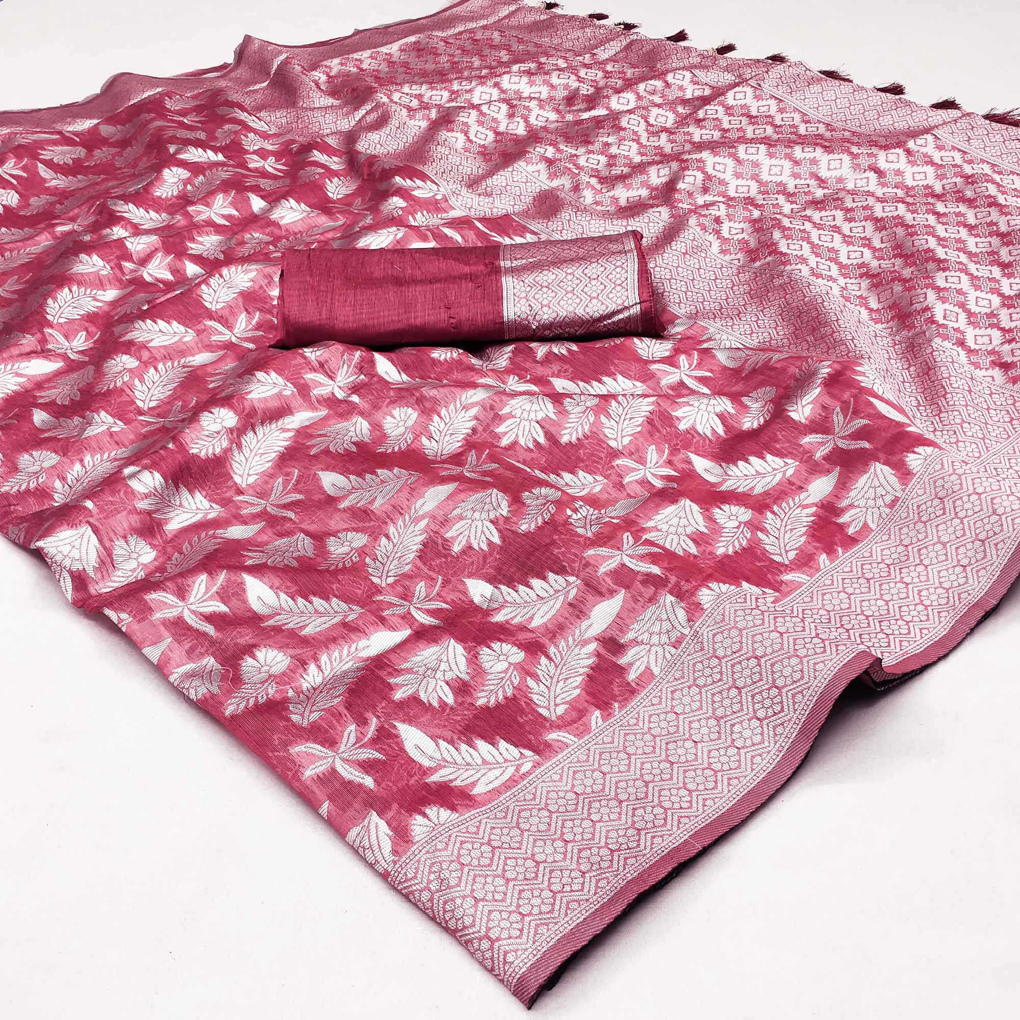 Red Woven Cotton Silk Saree With Tassels