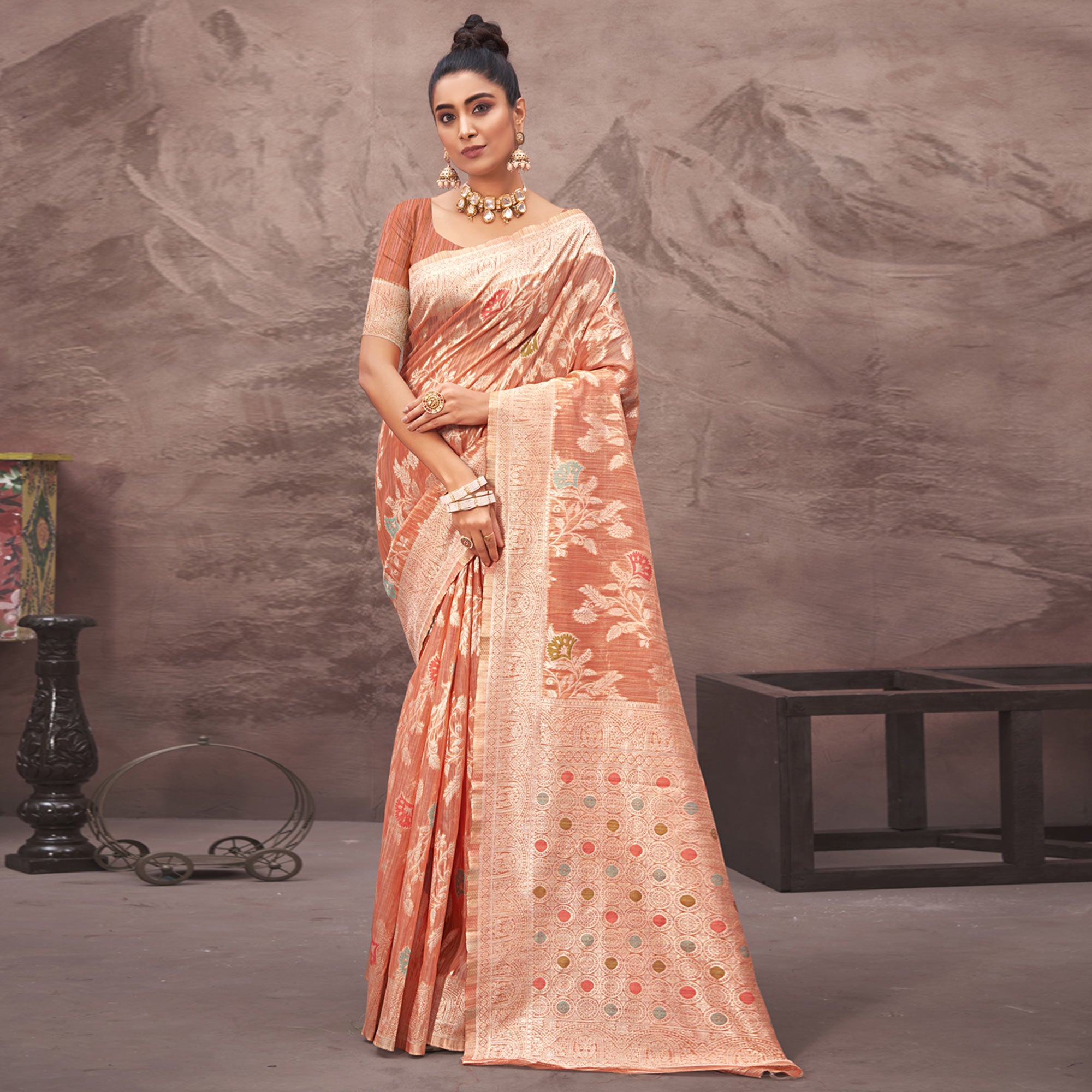 Peach Floral Woven Cotton Silk Saree