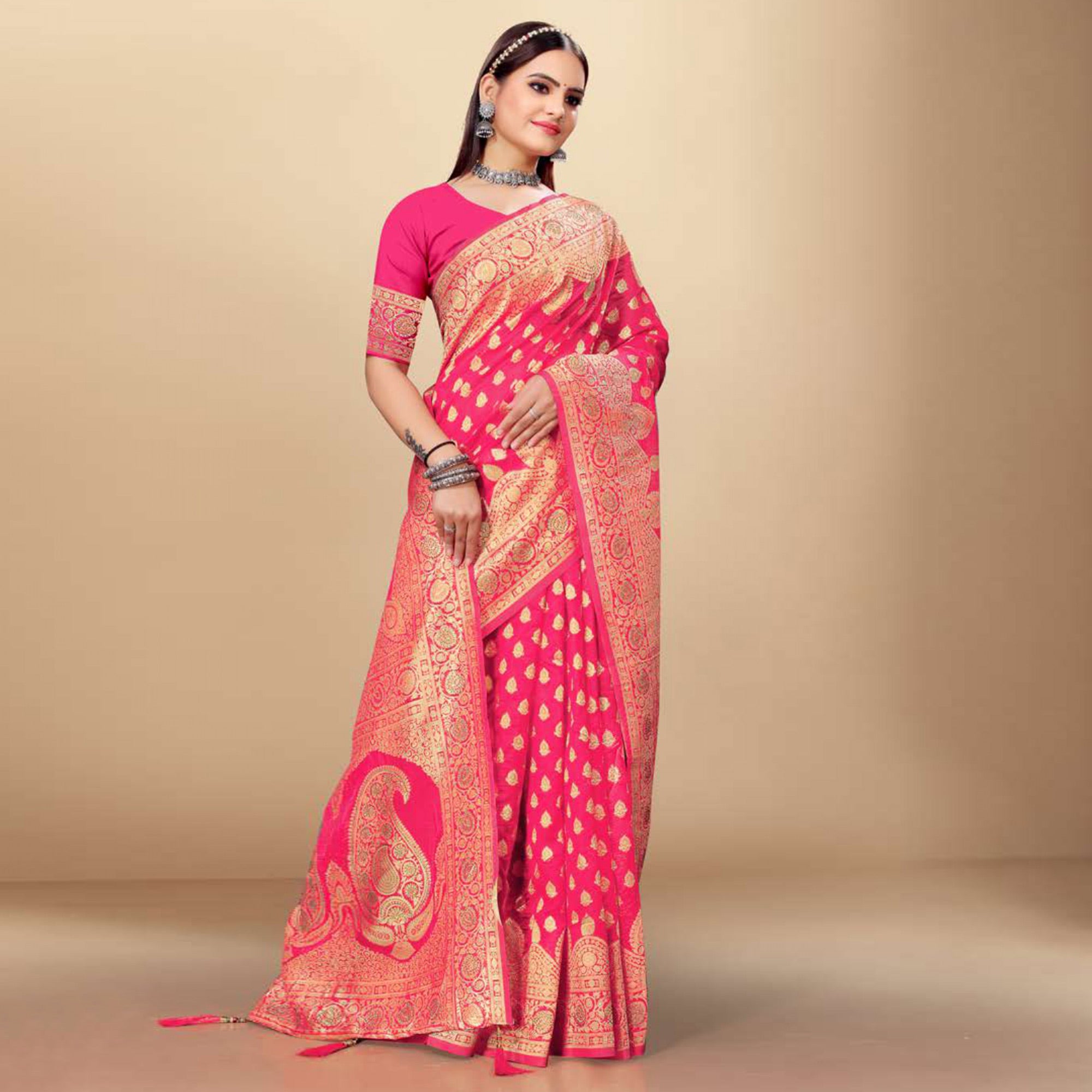 Pink Woven Art Silk Saree With Tassels