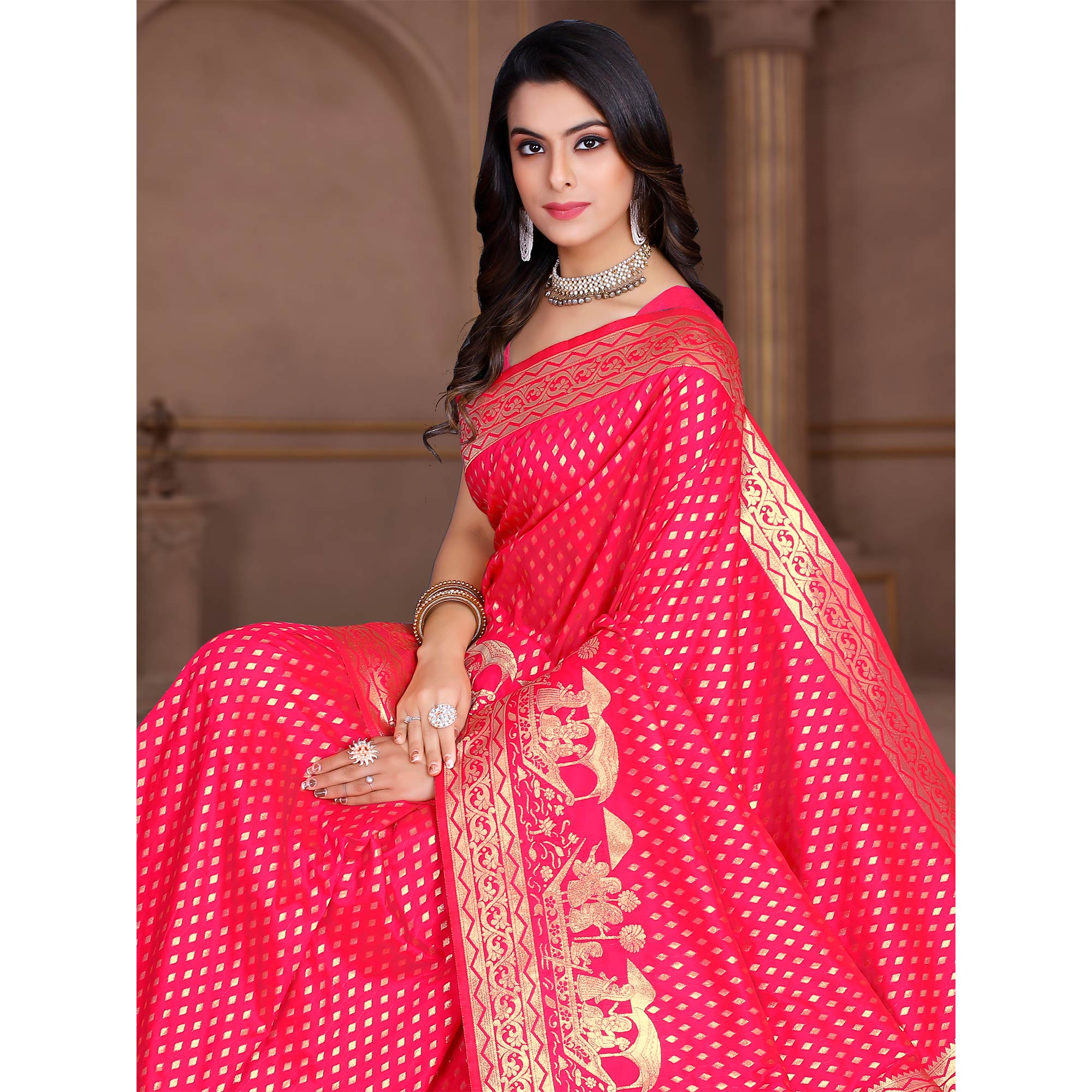 Rani Pink Woven Banarasi Silk Saree With Tassels