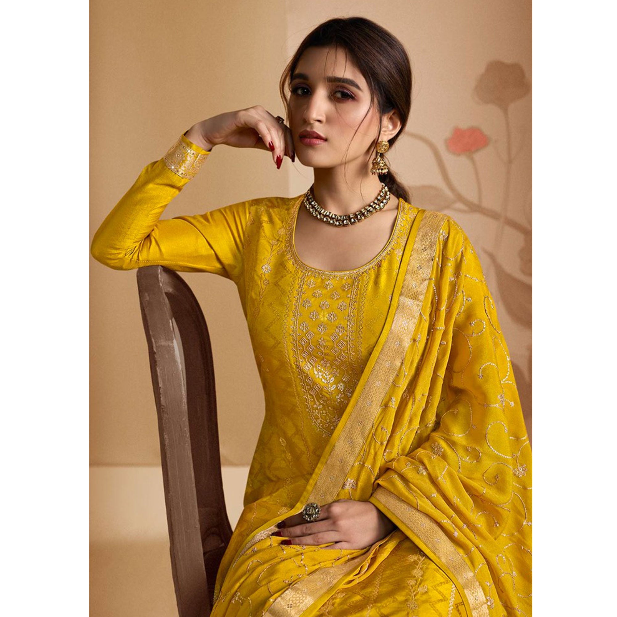 Yellow Woven And Embroidered Dola Silk Palazzo Suit