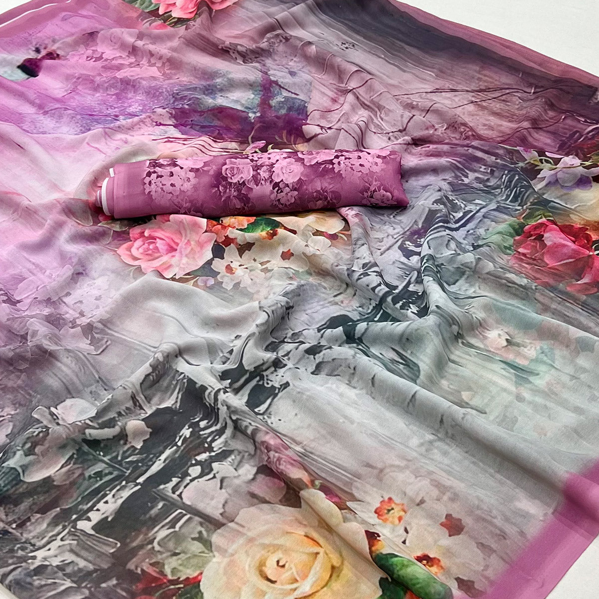 Pink Digital Printed Georgette Saree