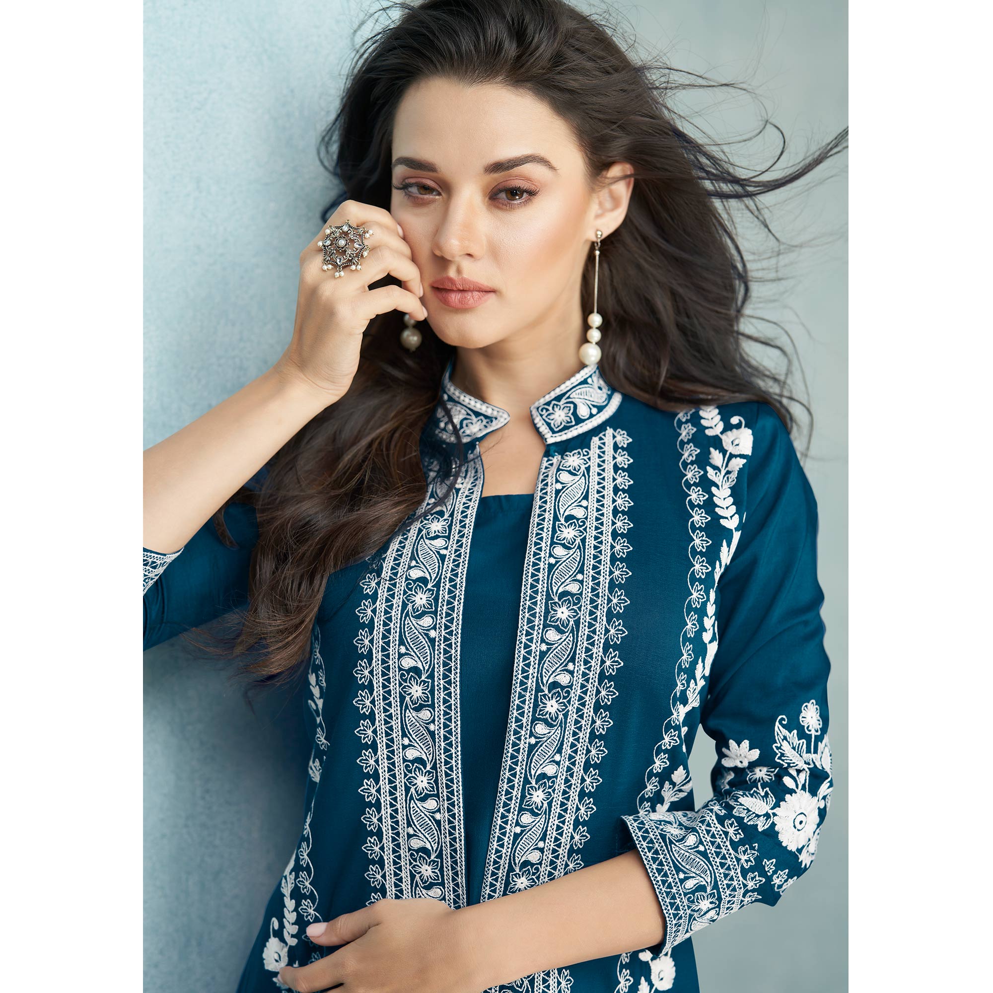 Morpich Floral Embroidered Rayon Kurti Jacket Co Ord Set