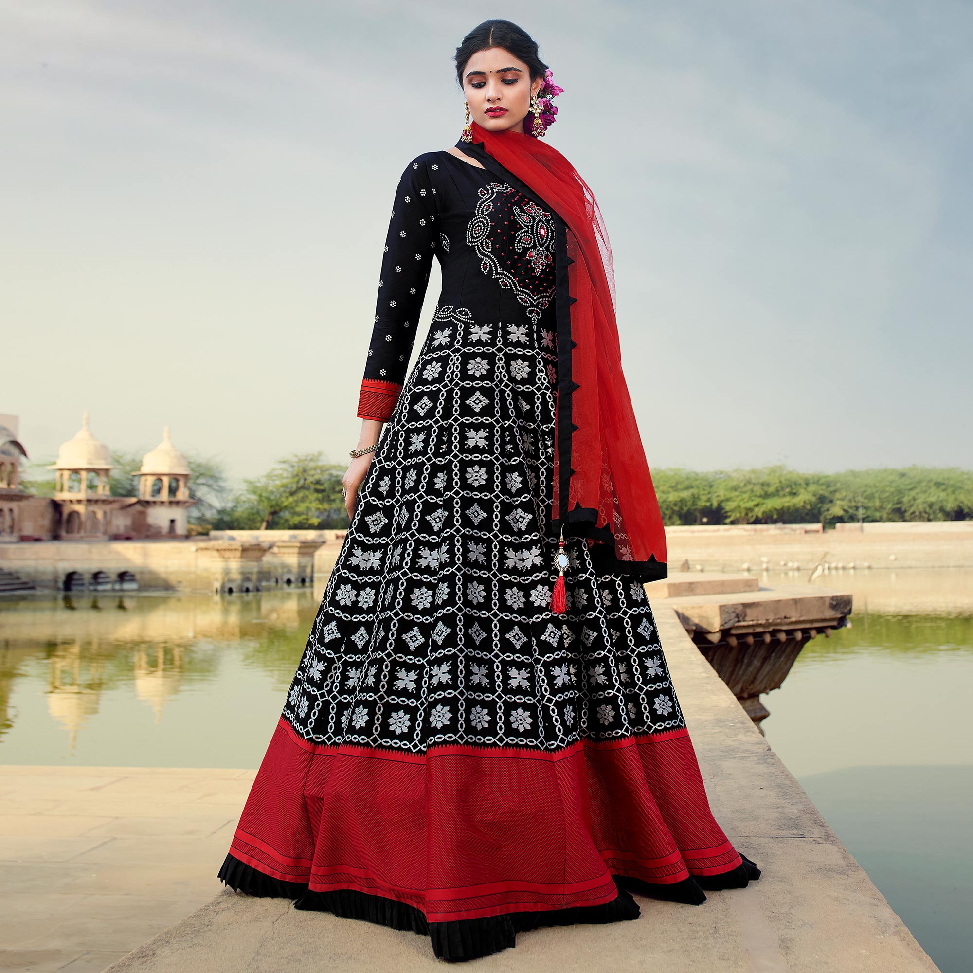 Black Weaving With Mirror Work Jacquard Gown
