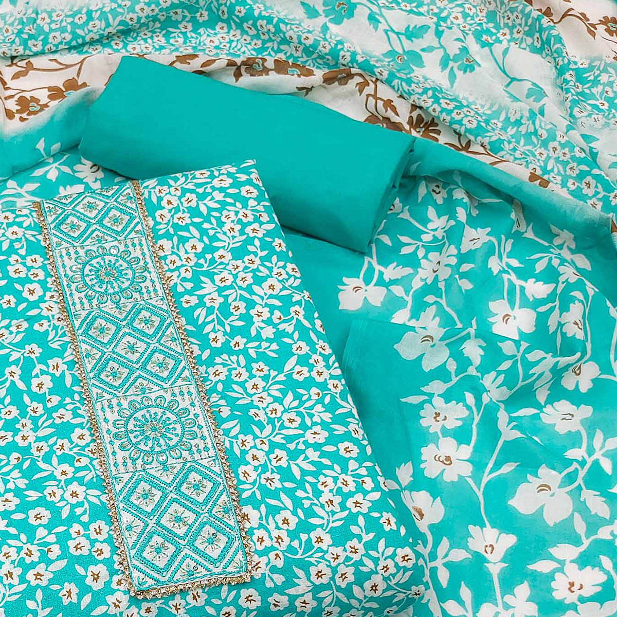 Blue Floral Printed Pure Cotton Dress Material
