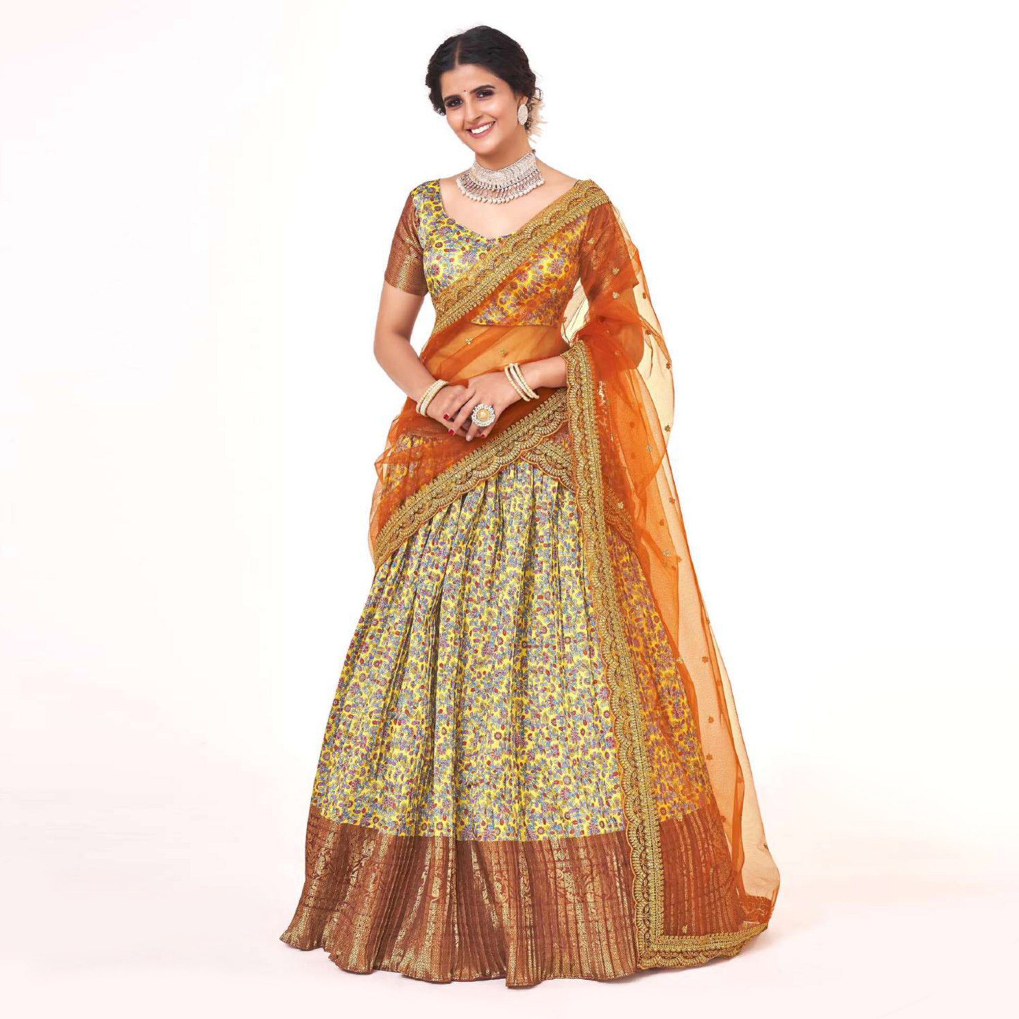 Yellow Digital Printed With Zari Work Art Silk Lehenga Choli