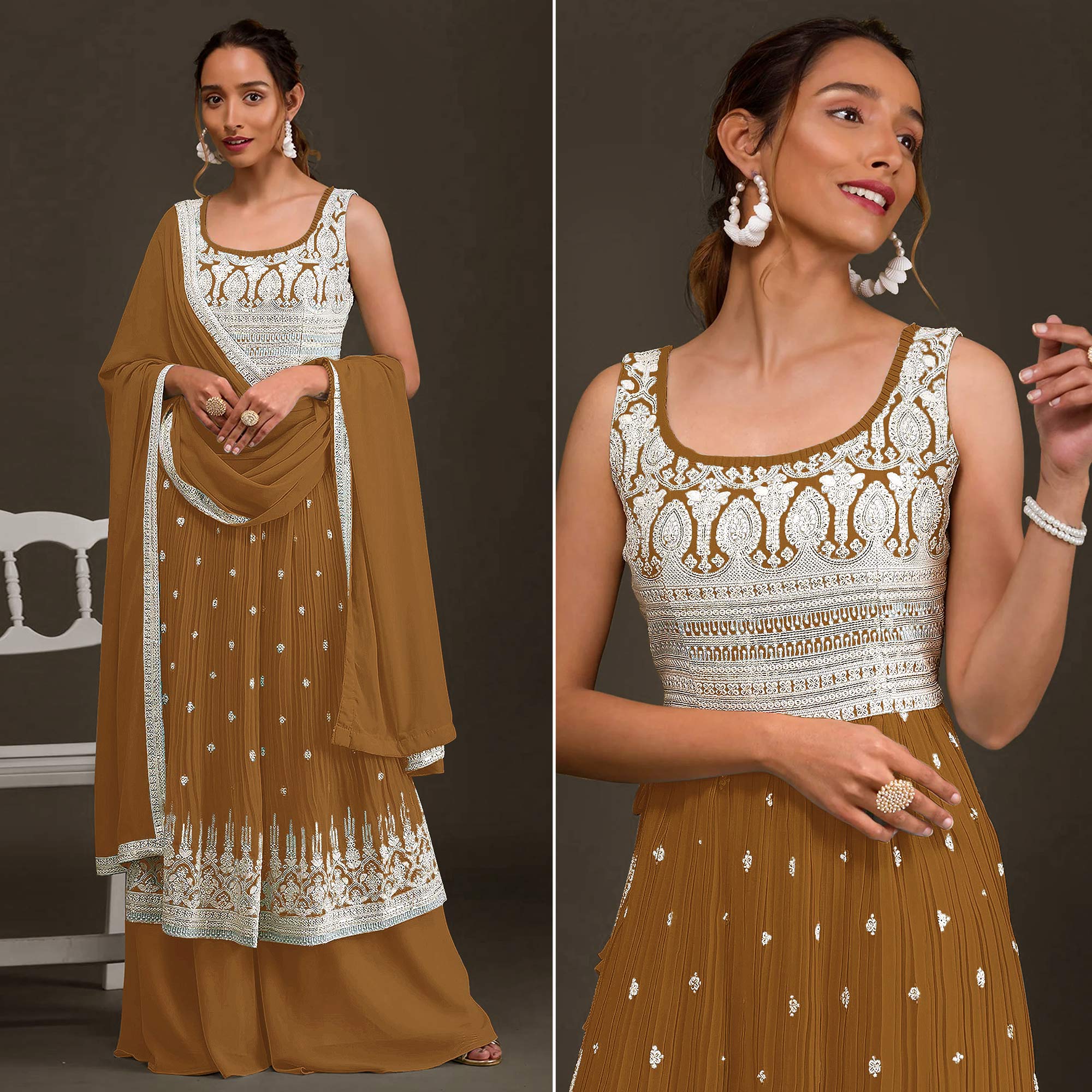 Golden Brown Sequins Embroidered Georgette Semi Stitched Naira Cut Palazzo Suit