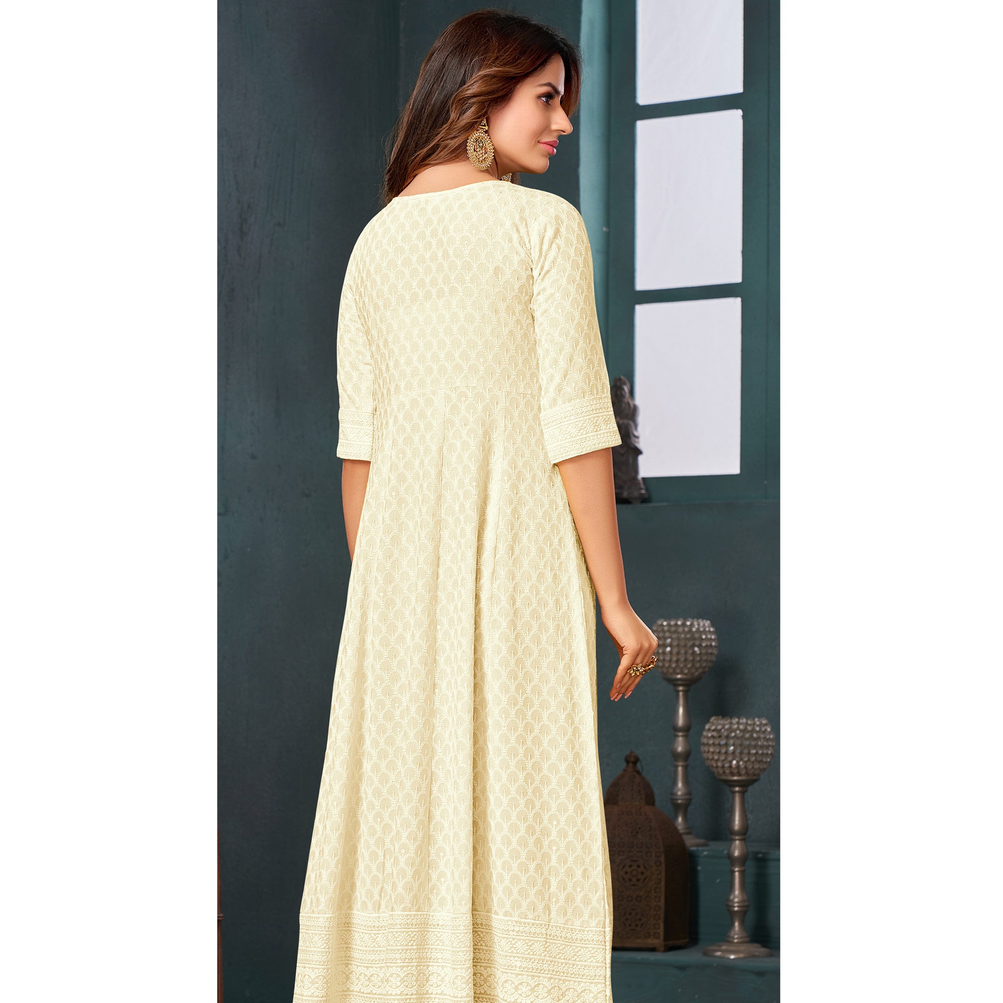 Cream Chikankari Work Aanarkali Style Rayon Kurti