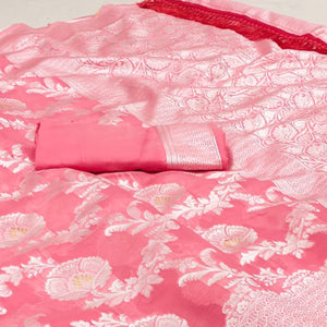 Rose Pink Woven Cotton Blend Saree With Tassels