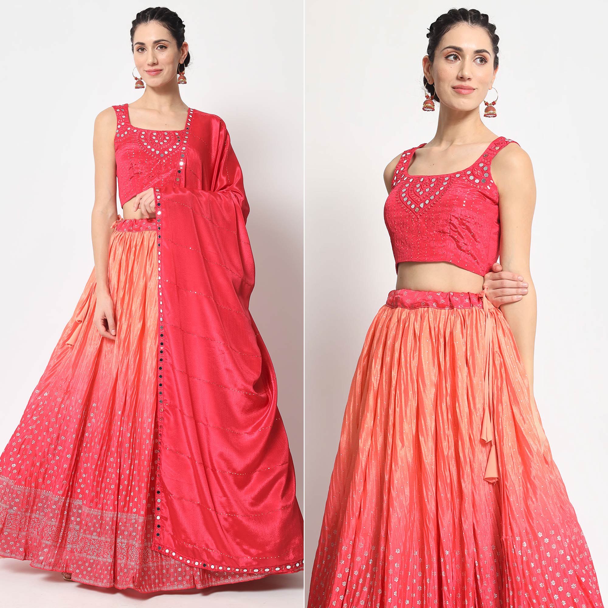 Peach & Pink Foil Printed Chiffon Lehenga Choli