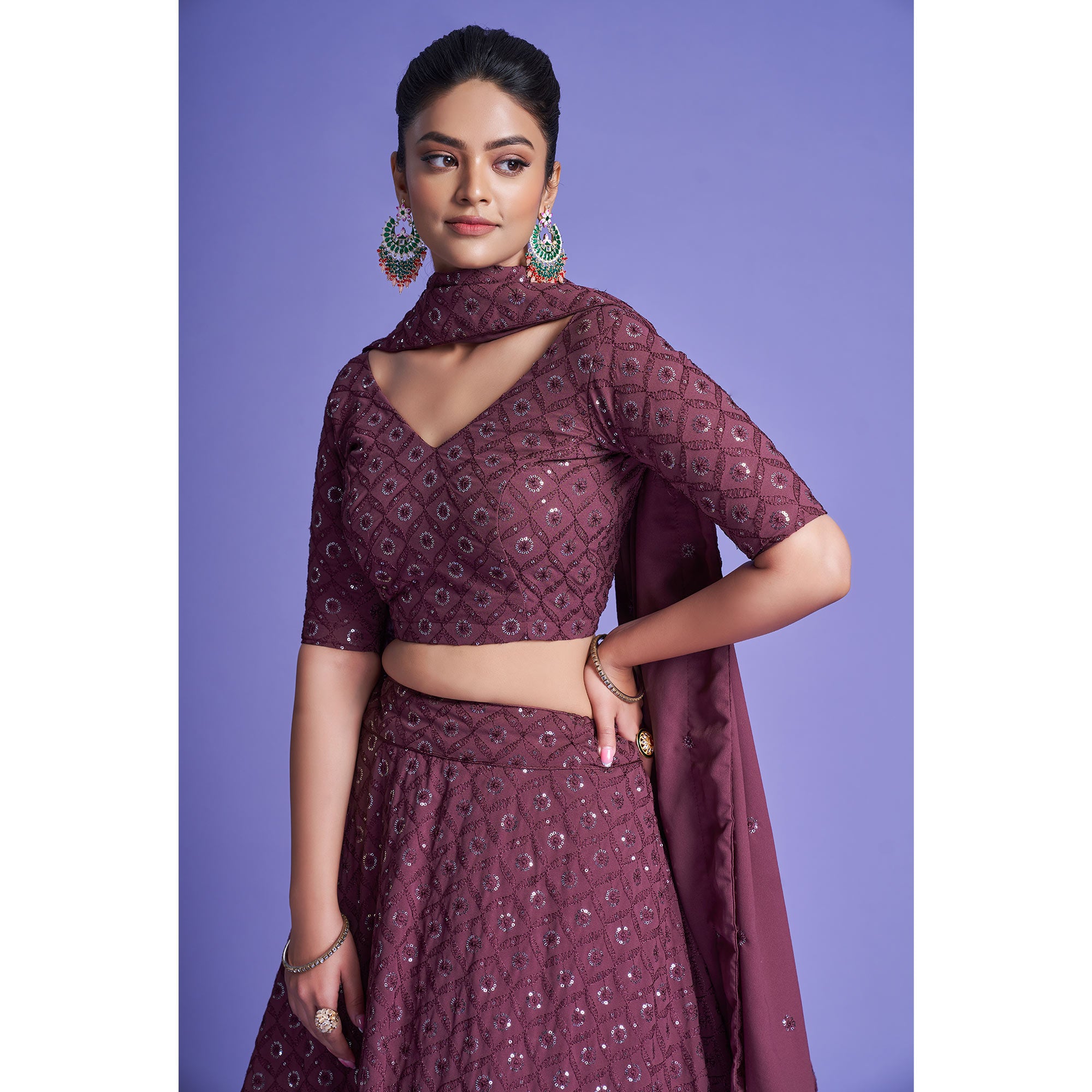 Mauve Sequins Embroidered Georgette Lehenga Choli