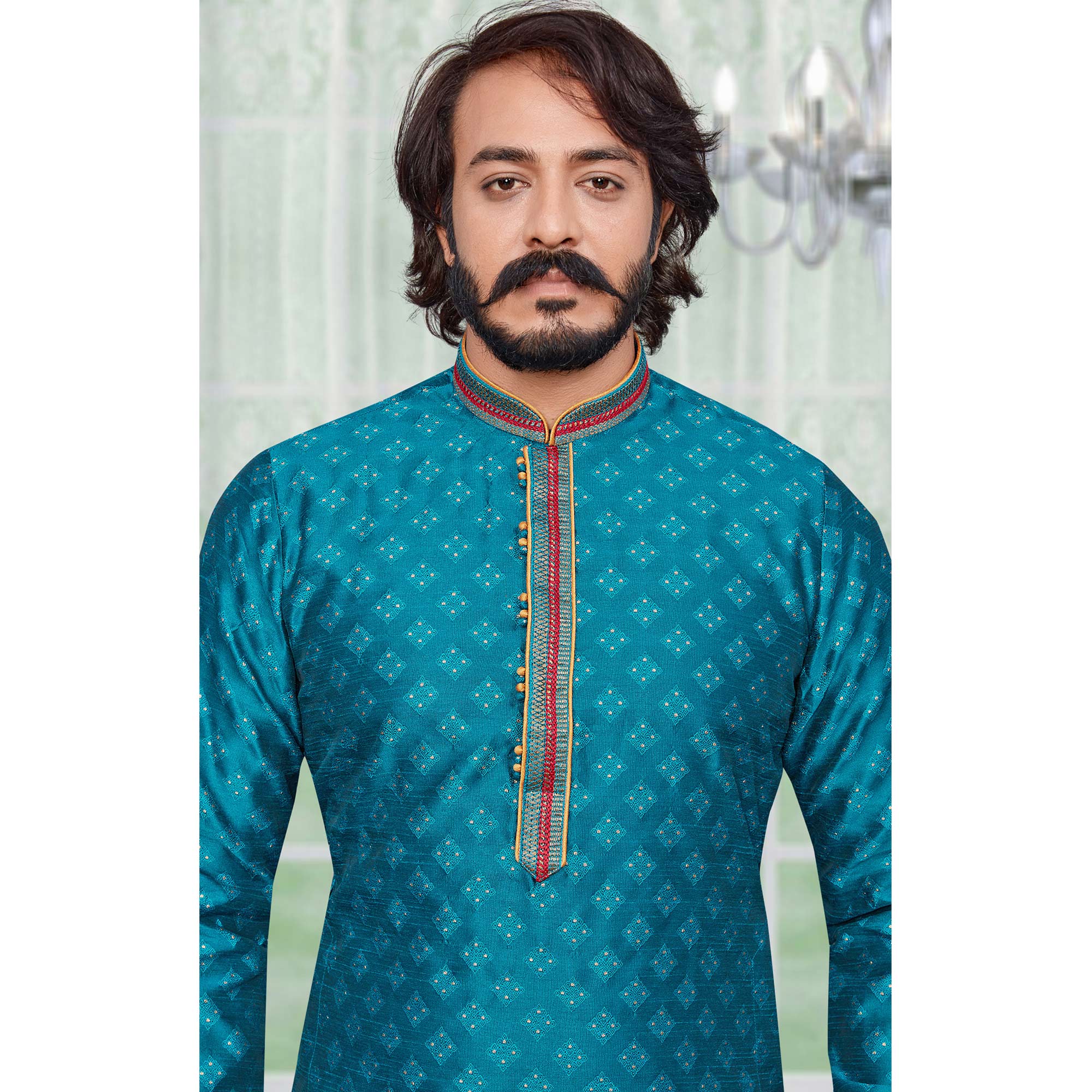 Rama Blue Woven Jacquard Kurta Pyjama Set