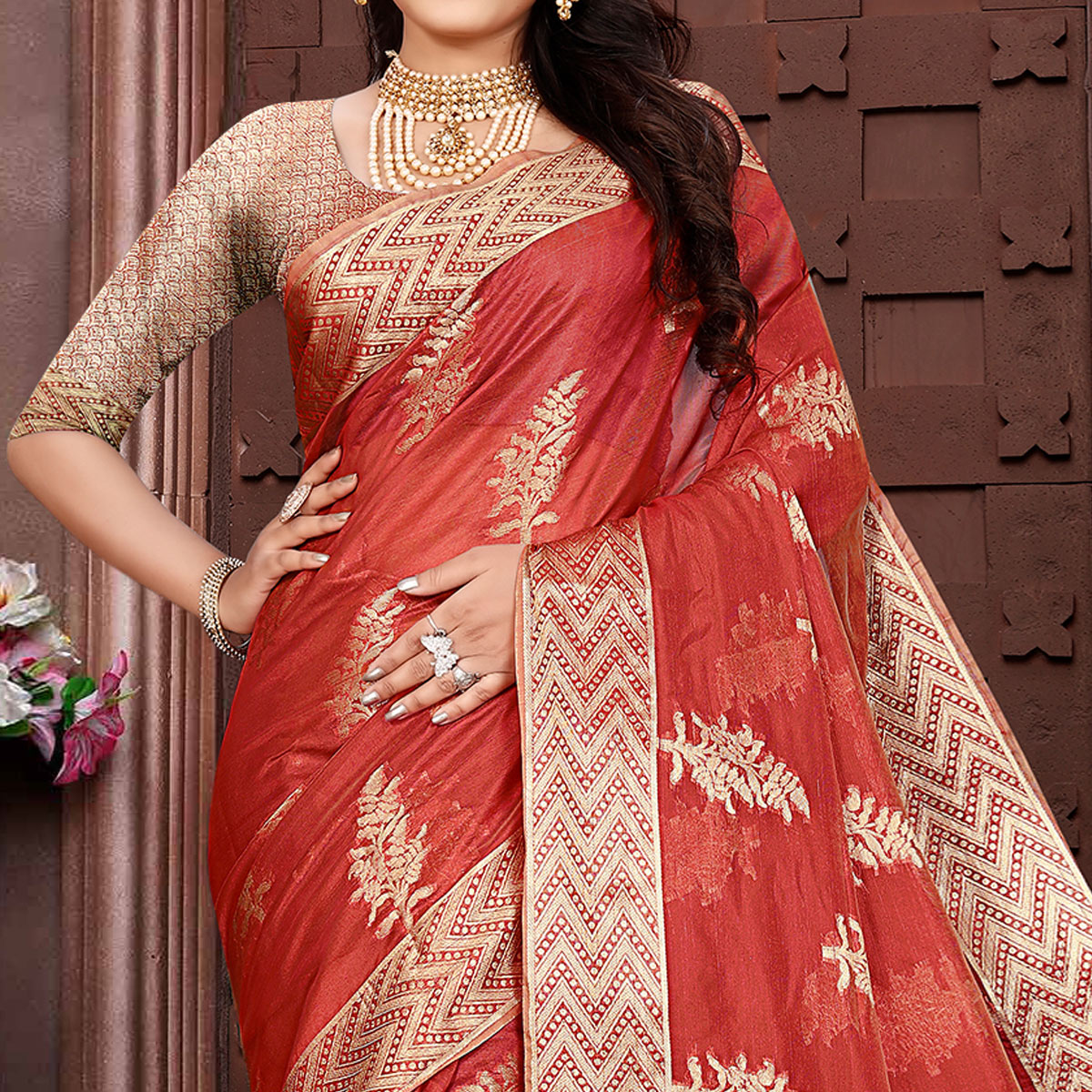 Rust Floral Woven Organza Saree