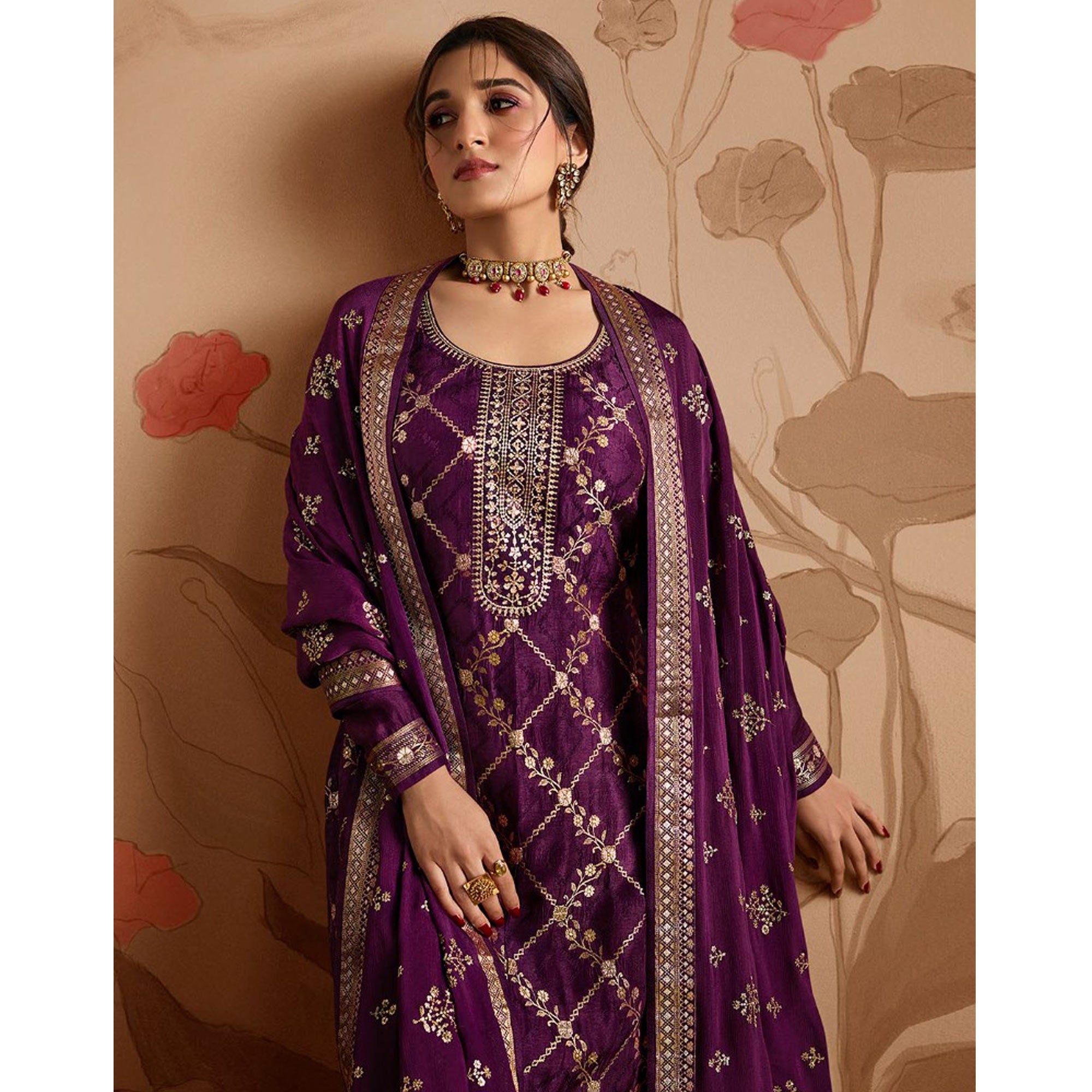 Purple Woven And Embroidered Dola Silk Palazzo Suit