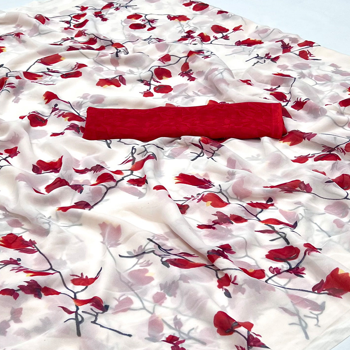 White Red Floral Printed Georgette Saree