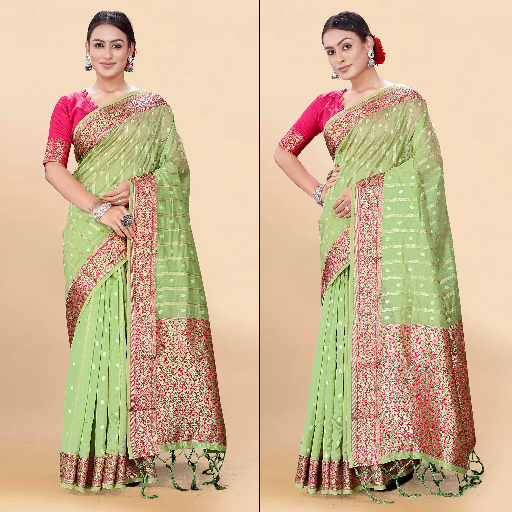 Green Woven Organza Saree With Tassels