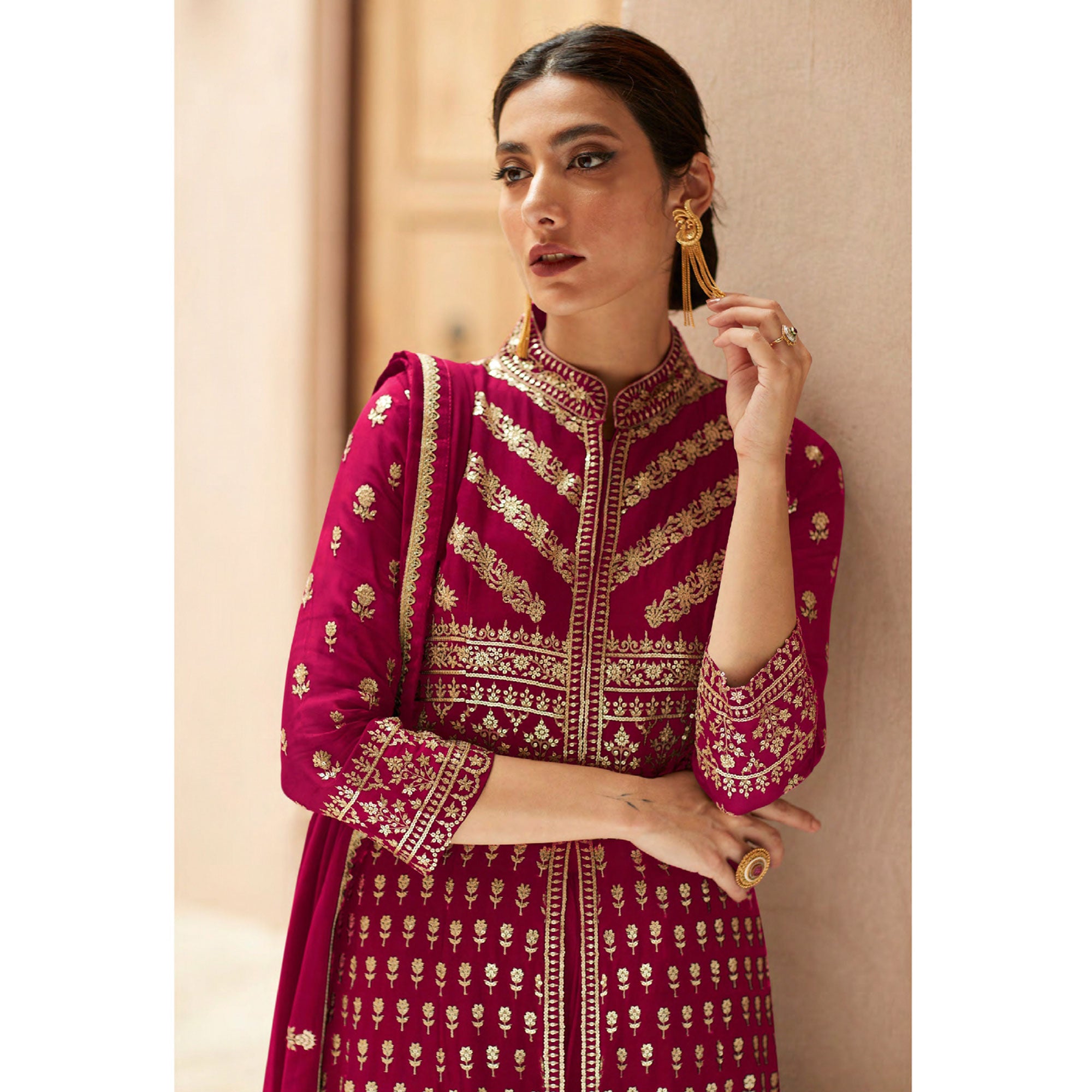 Pink Sequins Embroidered Georgette Palazzo Suit