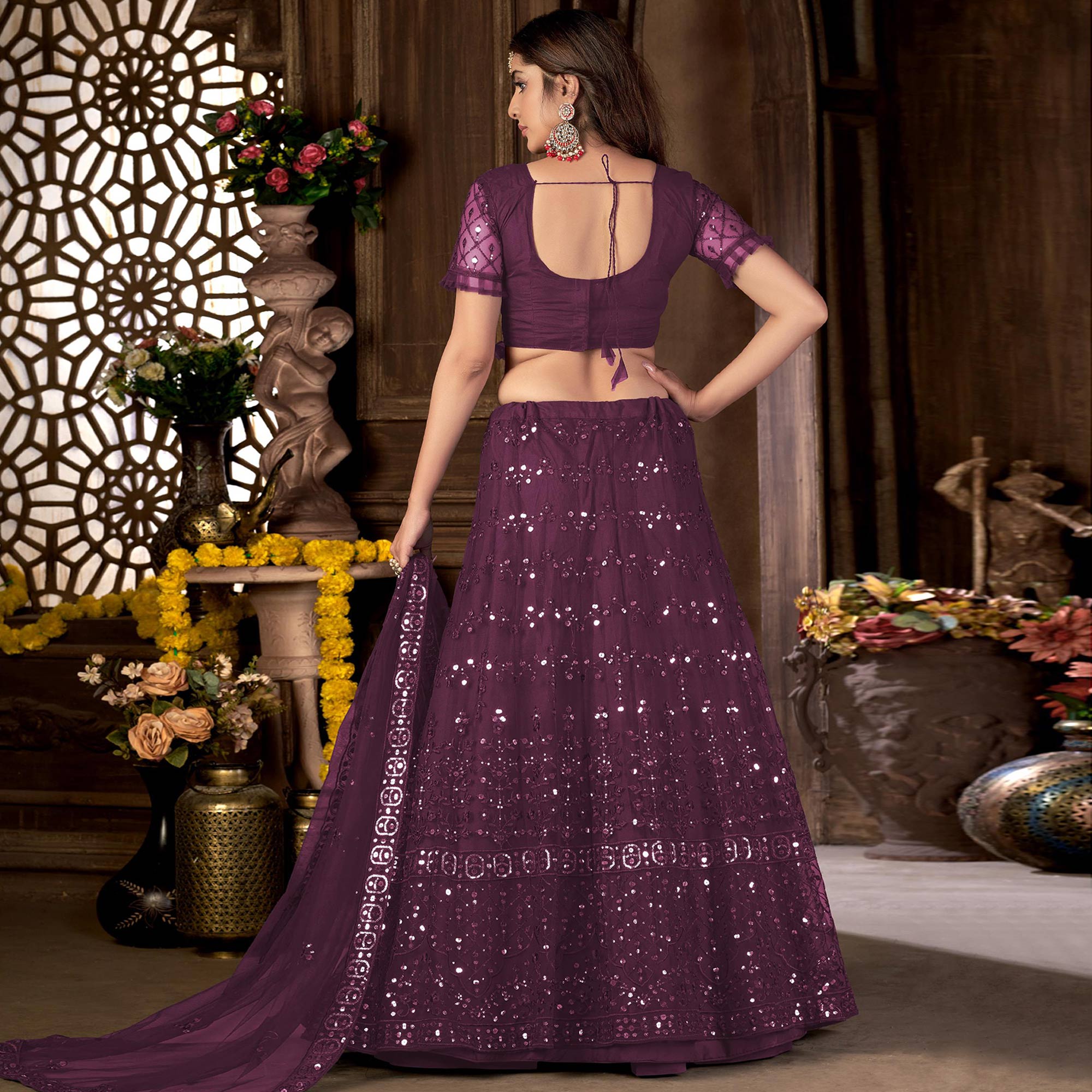 Purple Sequins Embroidered Net Lehenga Choli