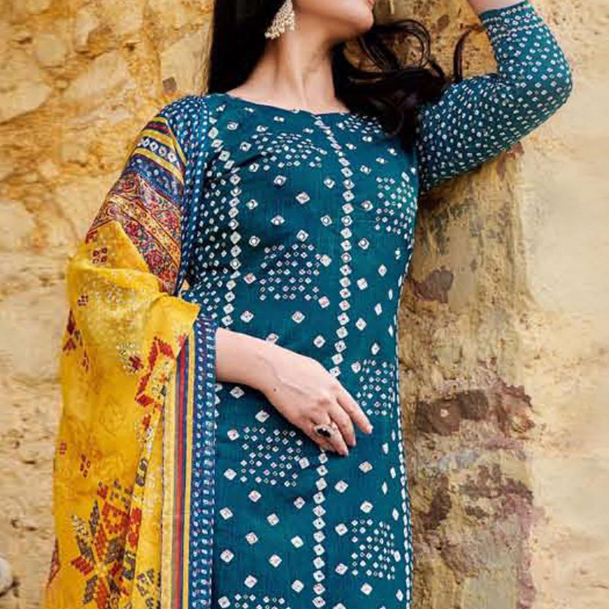 Teal Blue Bandhani Printed Pure Cotton Salwar Suit