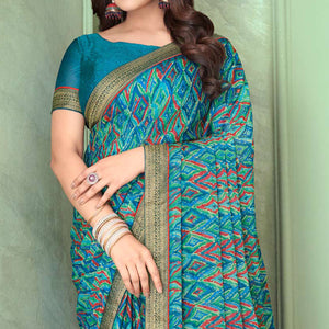 Rama Blue Digital Printed Chiffon Saree With Lace Border