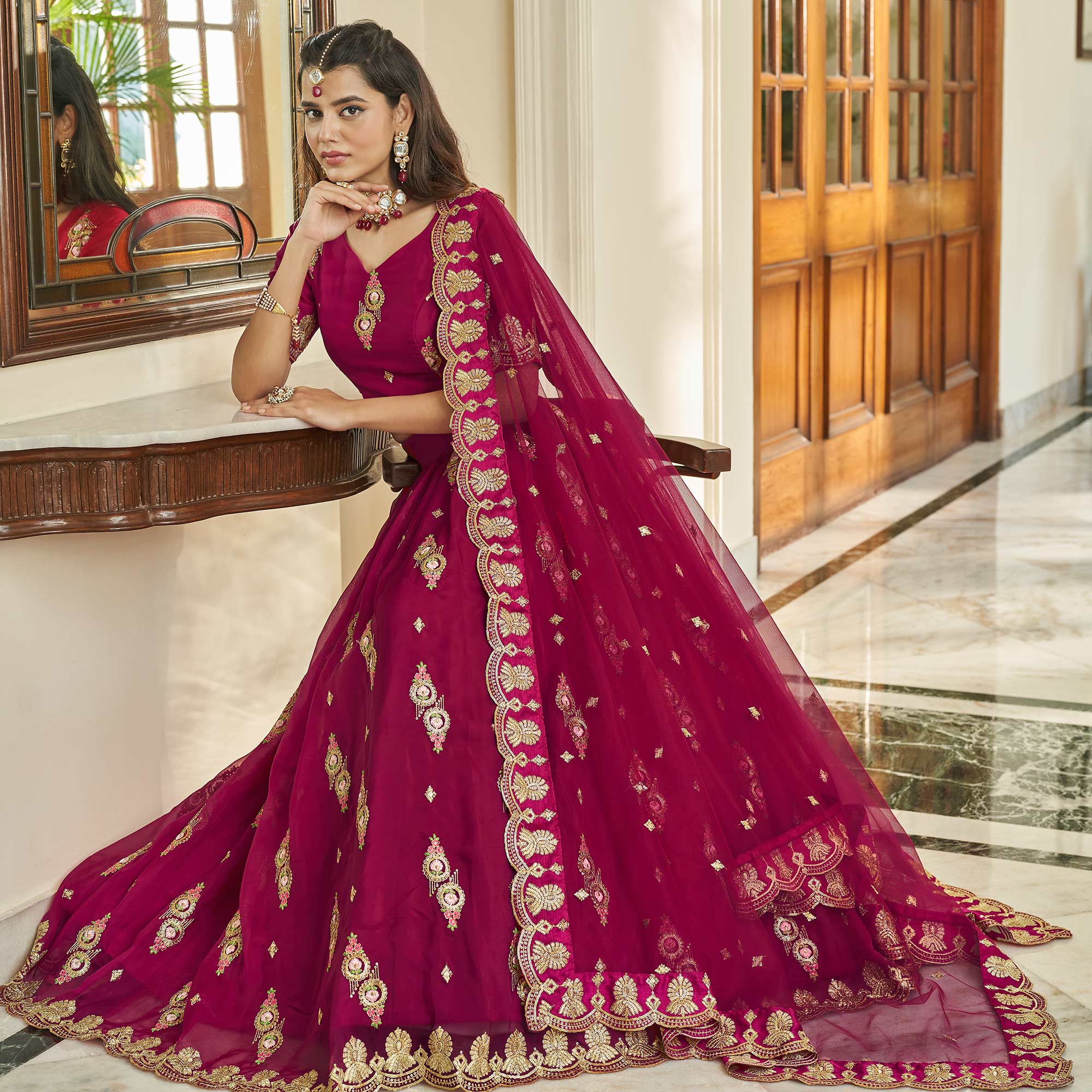 Rani Pink Sequins Embroidered Organza Lehenga Choli