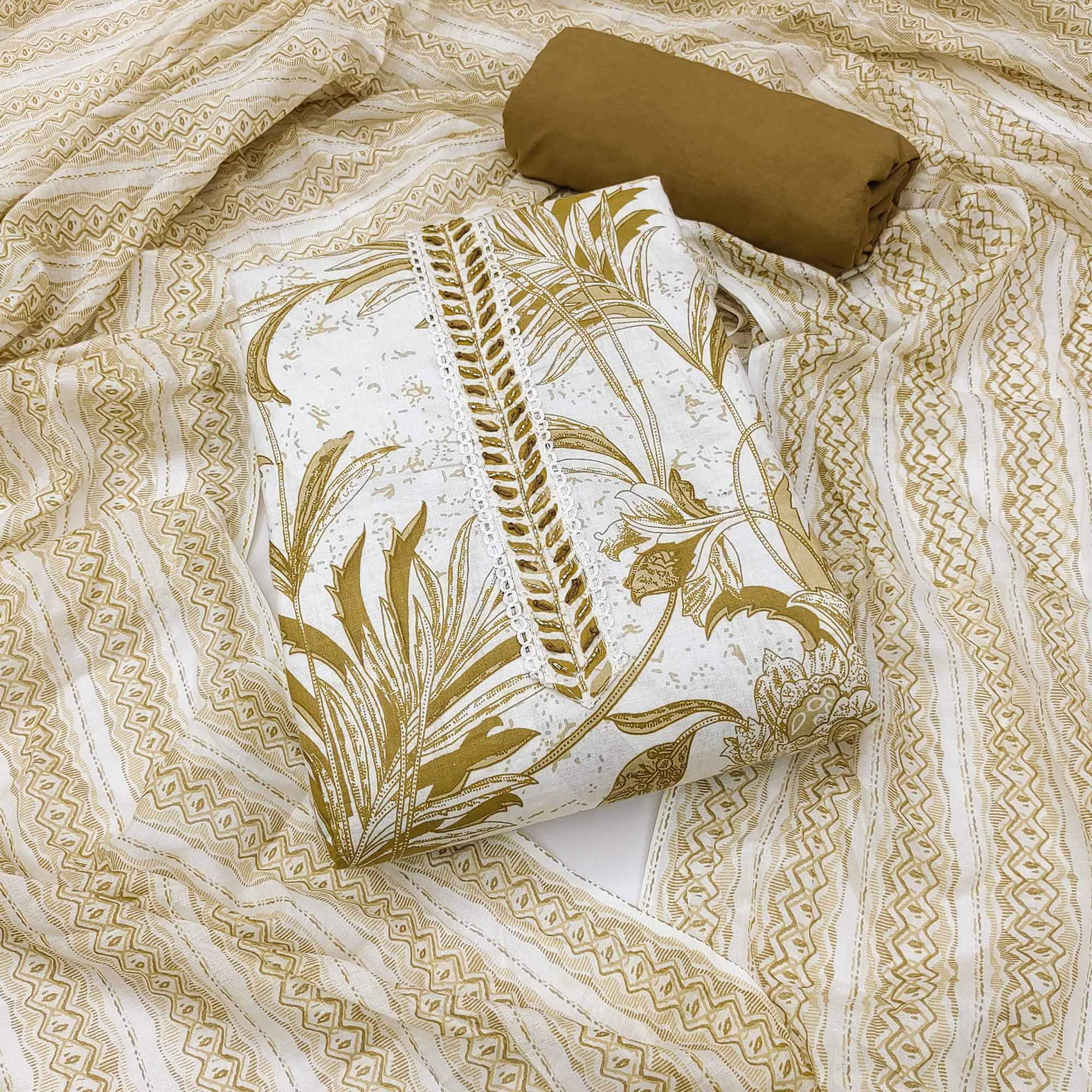 White & Mehendi Floral Printed Pure Cotton Dress Material