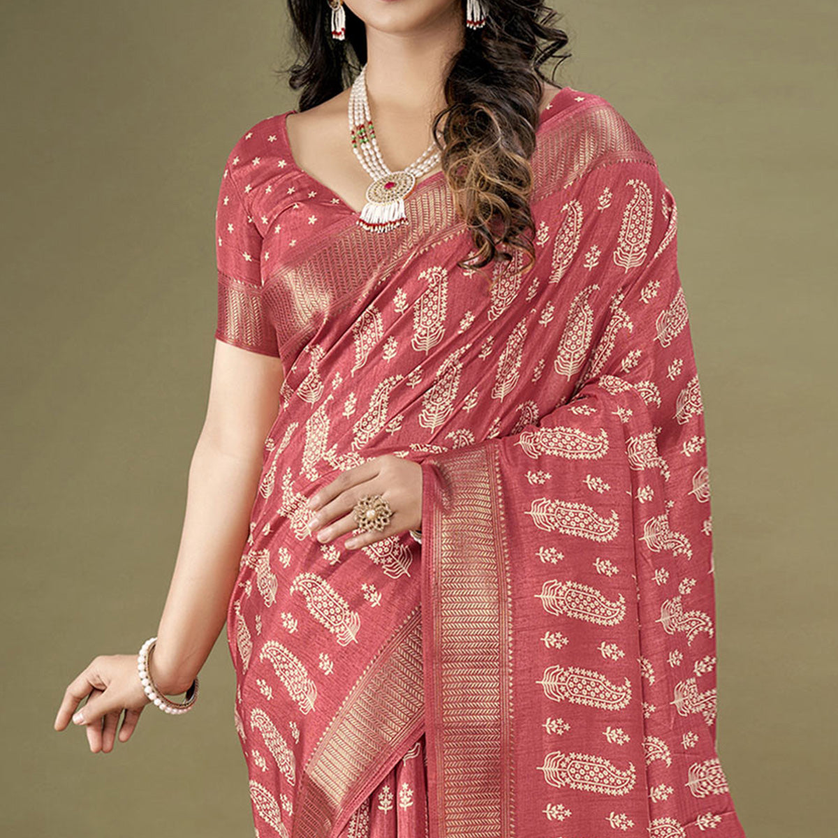 Pink Floral Printed Dola Silk Saree