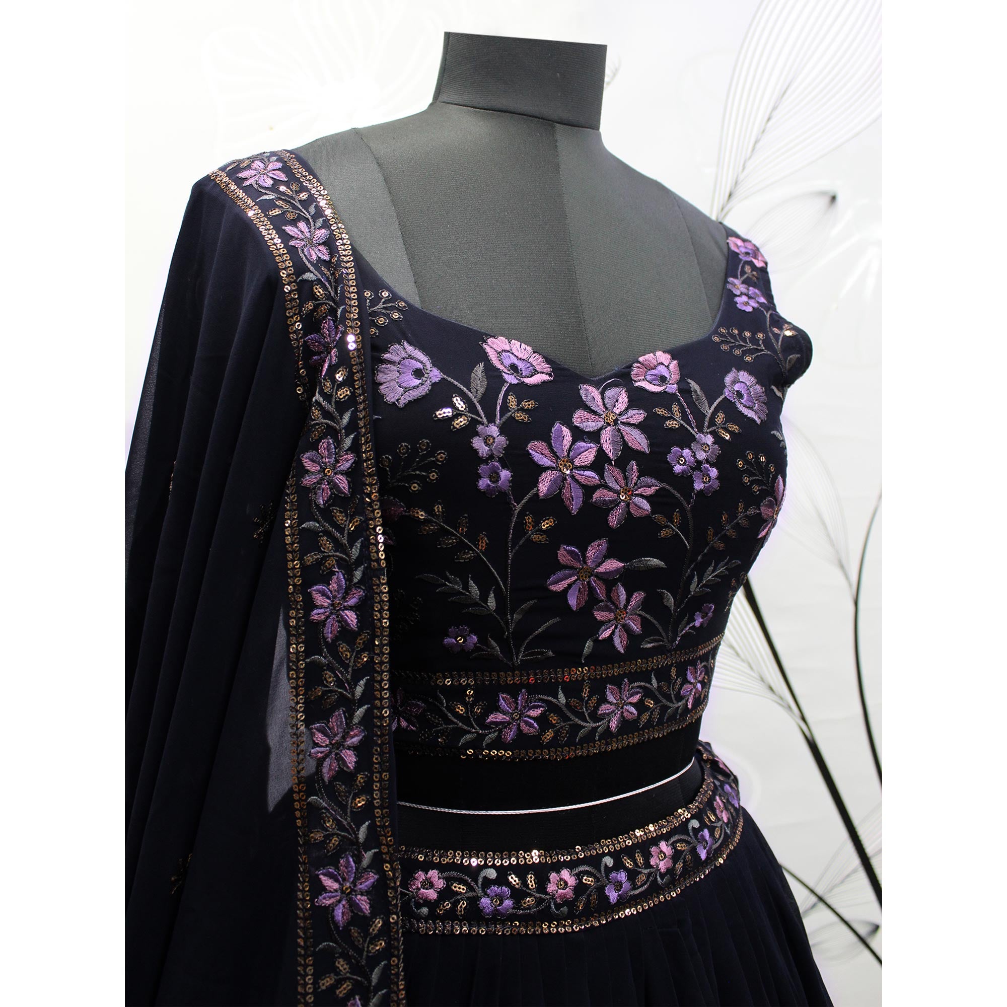 Navy Blue Sequins Embroidered Georgette Lehenga Choli
