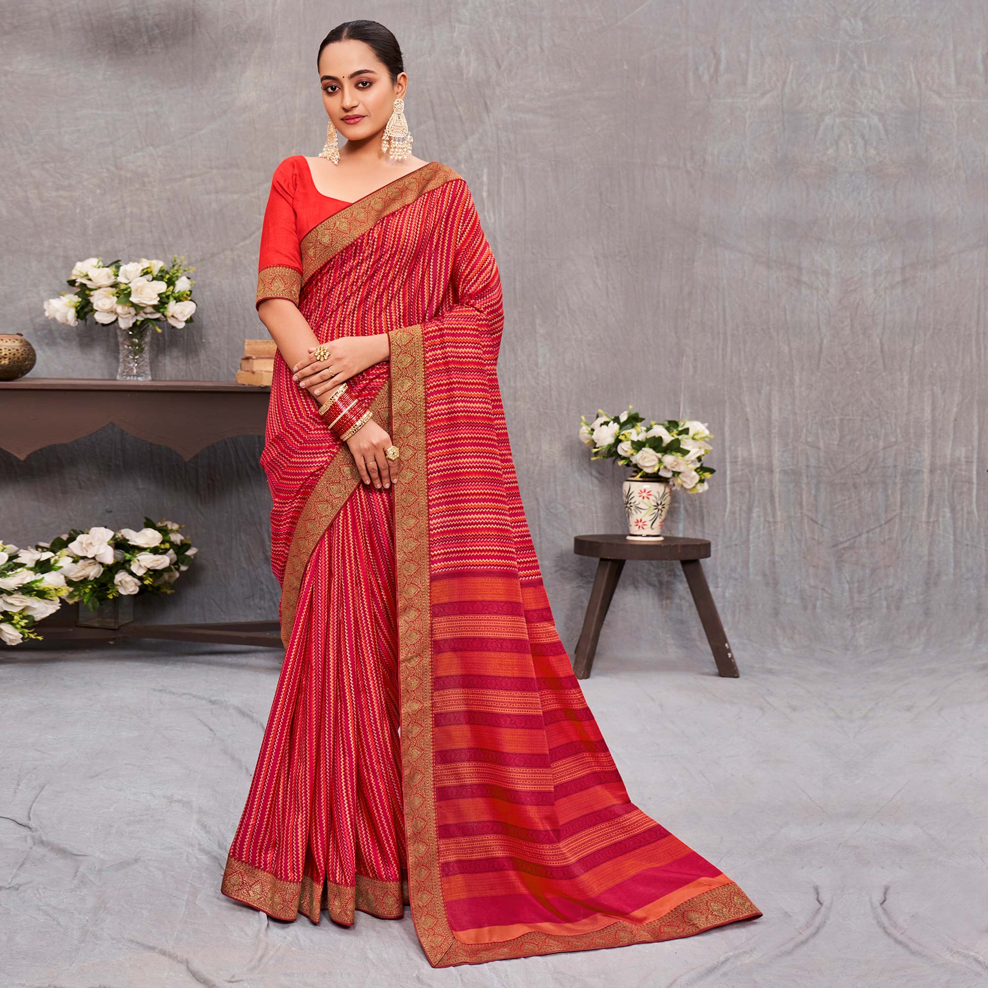 Multicolor Printed With lace Border Tussar Silk Saree