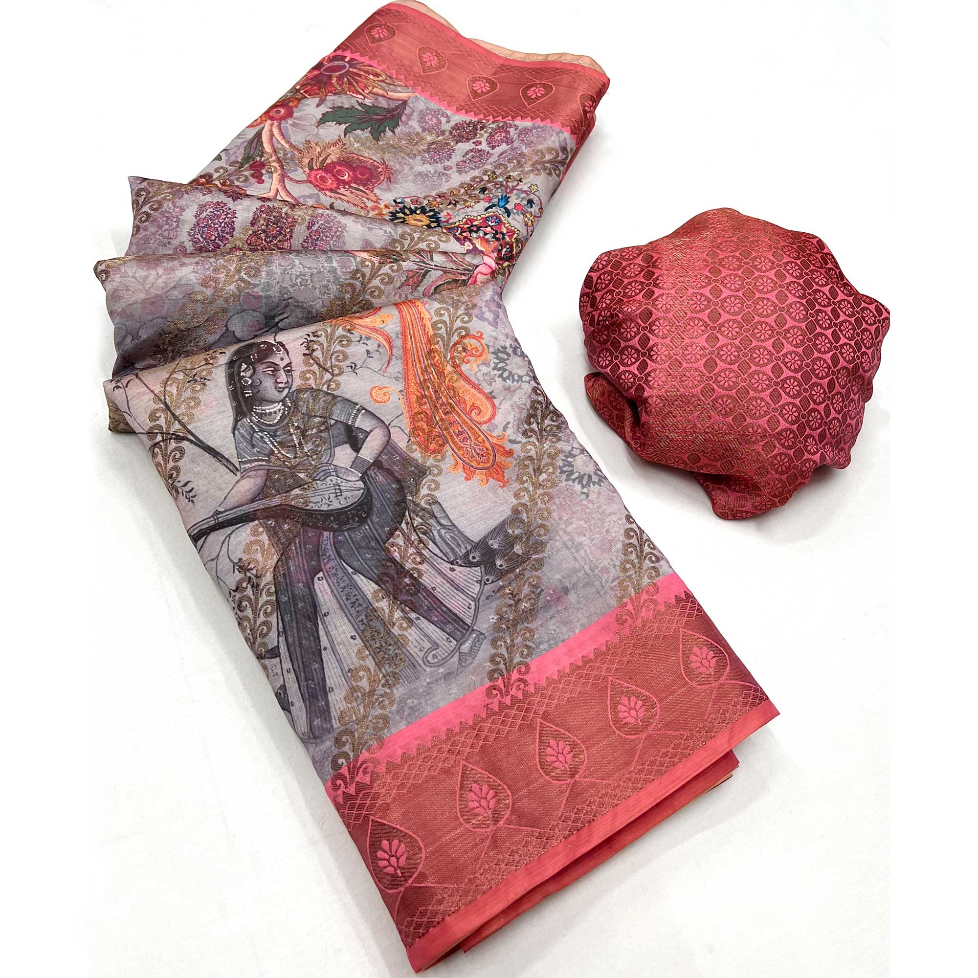 Grey Digital Printed Cotton Silk Saree