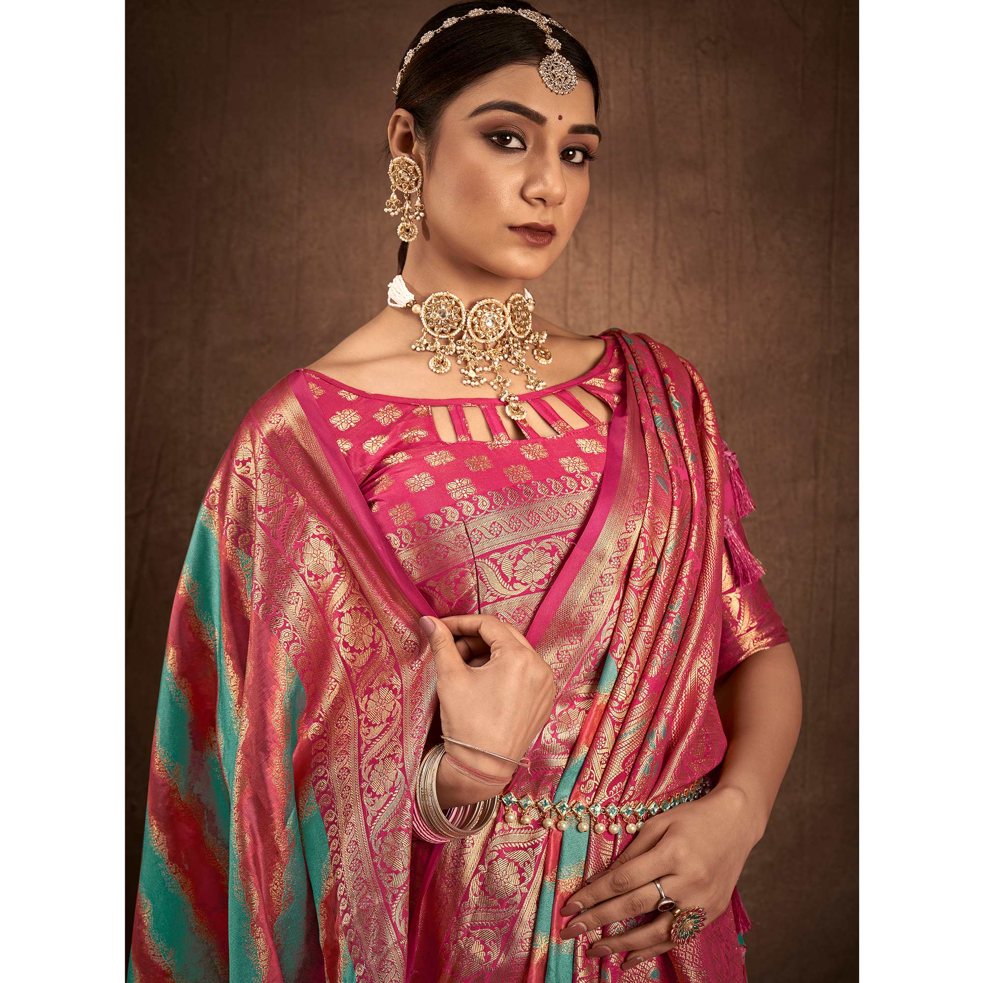 Blue & Pink Woven Art Silk Saree