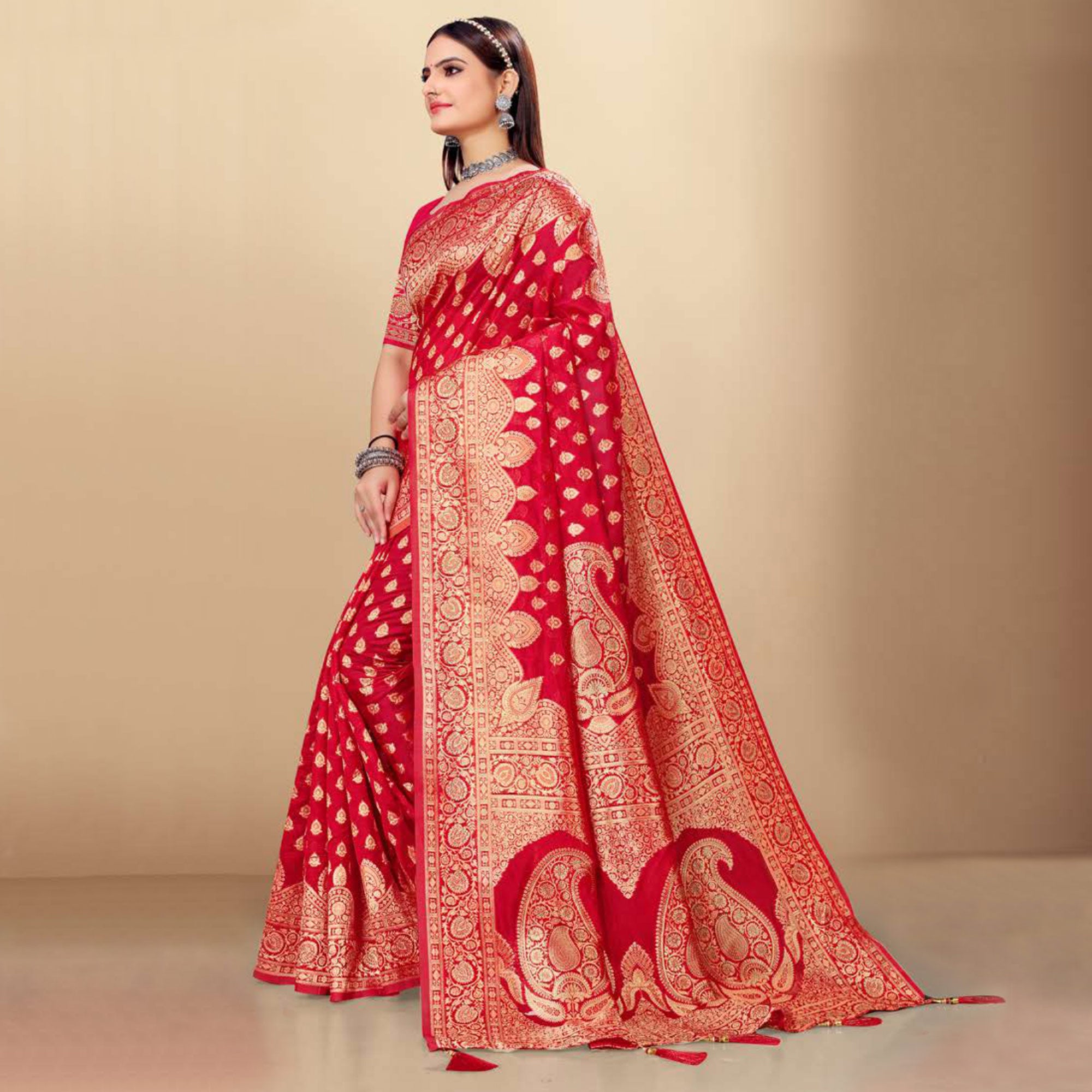 Red Woven Art Silk Saree With Tassels