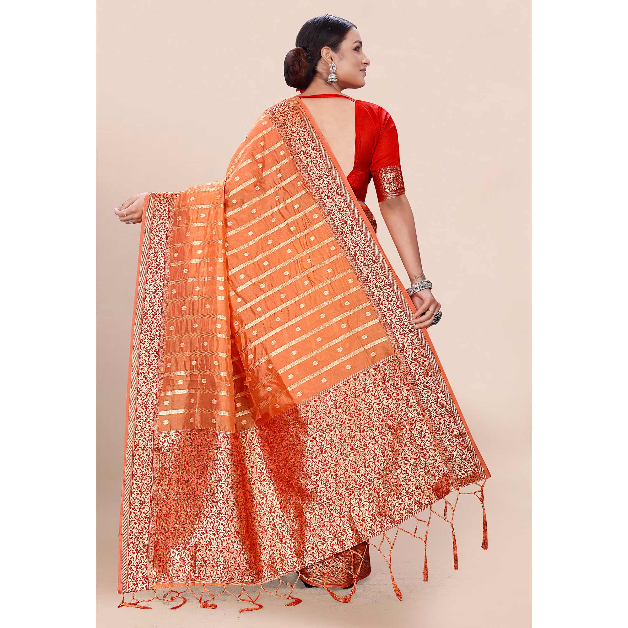 Orange Woven Organza Saree With Tassels