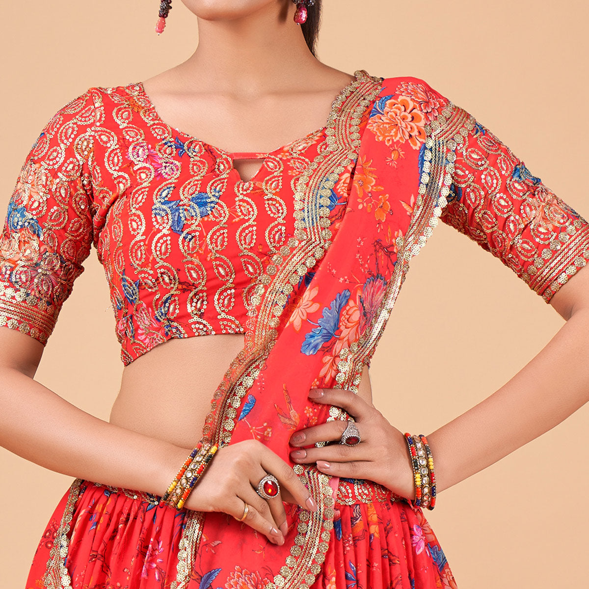 Coral Red Floral Printed And Sequins Work Georgette Lehenga Choli