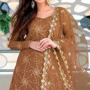 Brown Sequins Embroidered Georgette Semi Stitched Gharara Style Suit