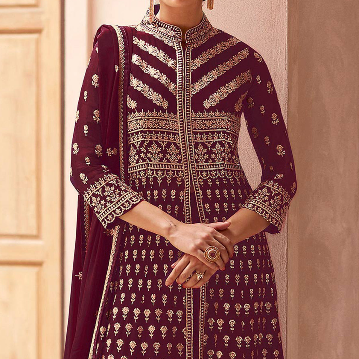 Maroon Floral Embroidered Georgette Palazzo Suit