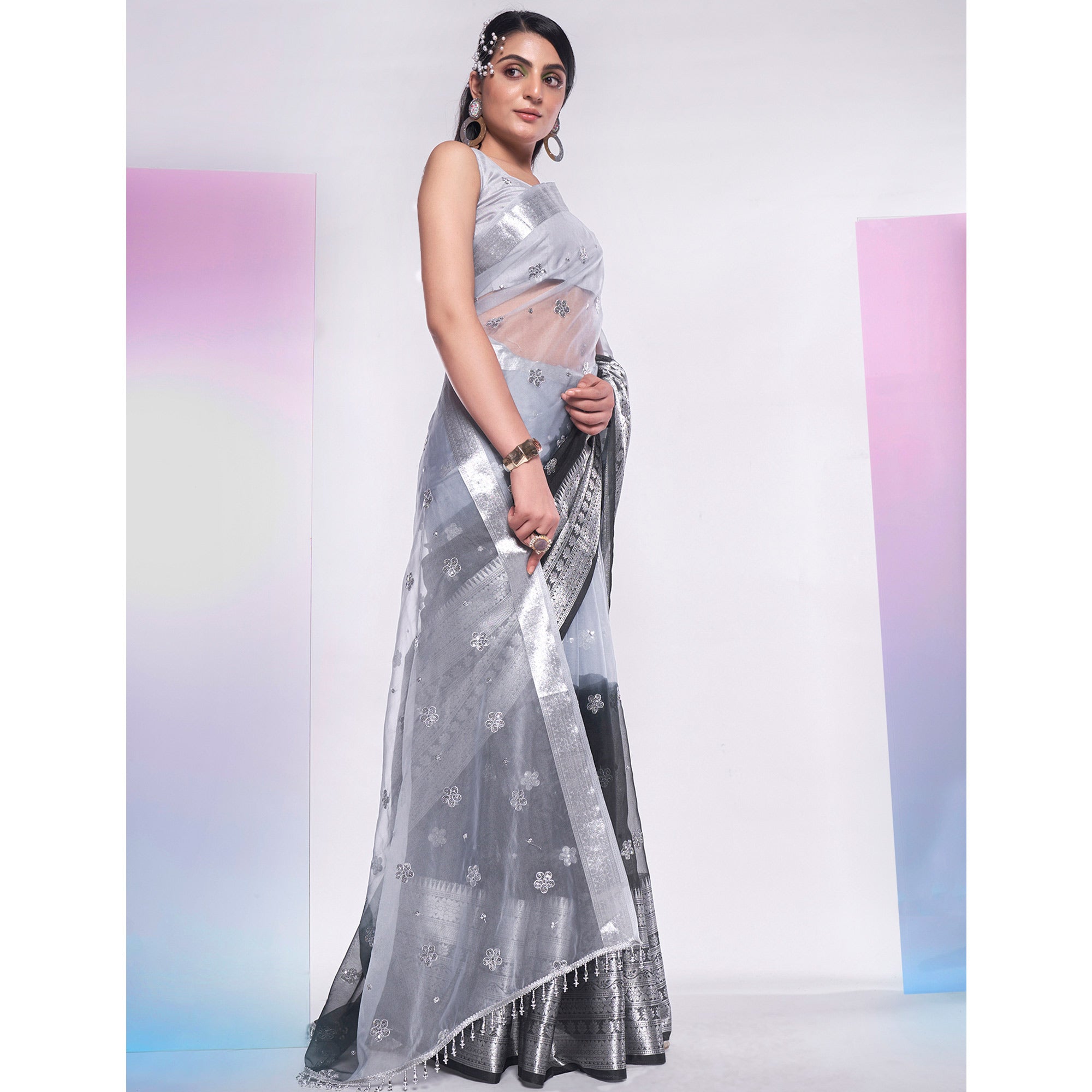 Black & Grey Sequins Embroidered Organza Saree