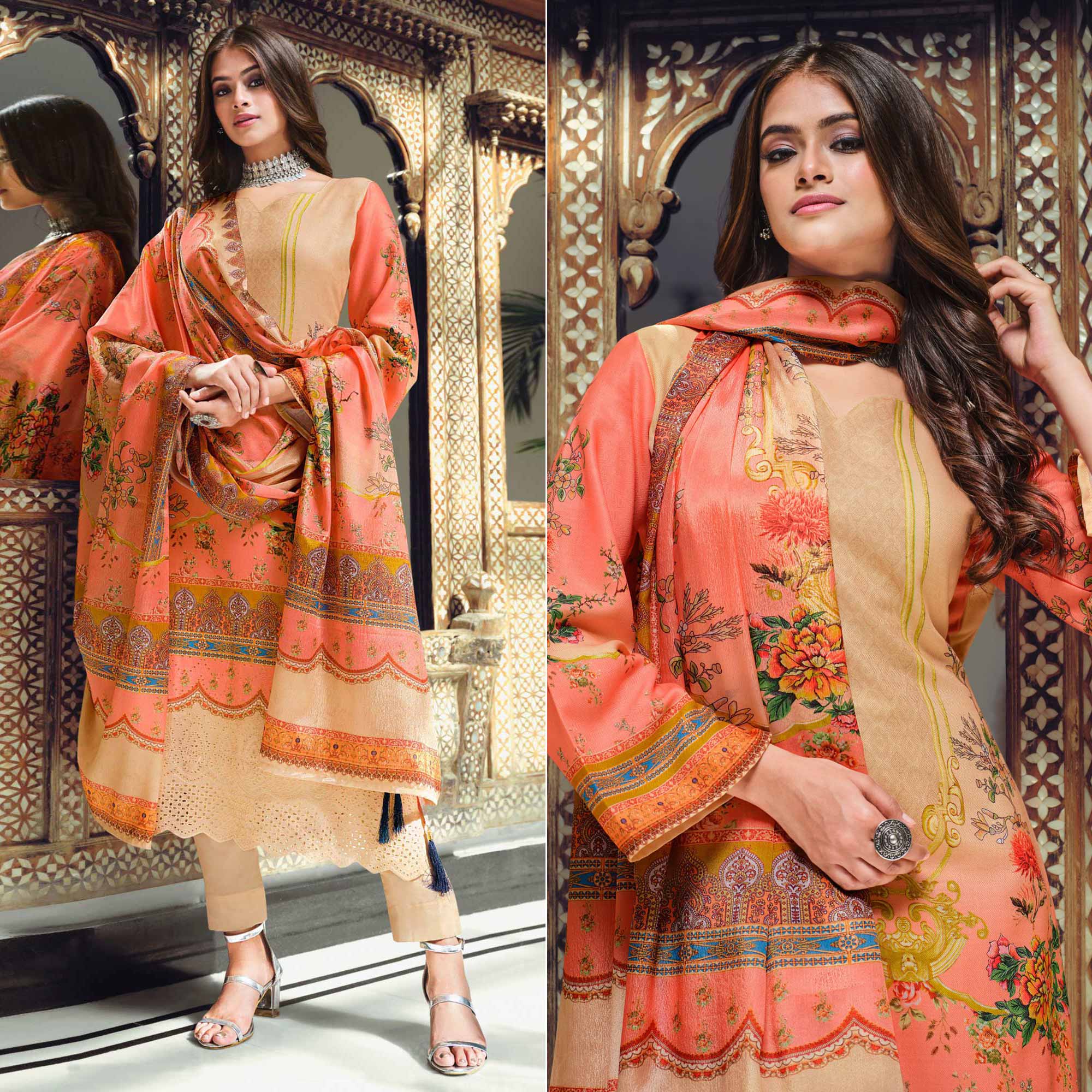 Peach And Beige Digital Printed With Daman Embroidered Pure Cotton Pakistani Suit