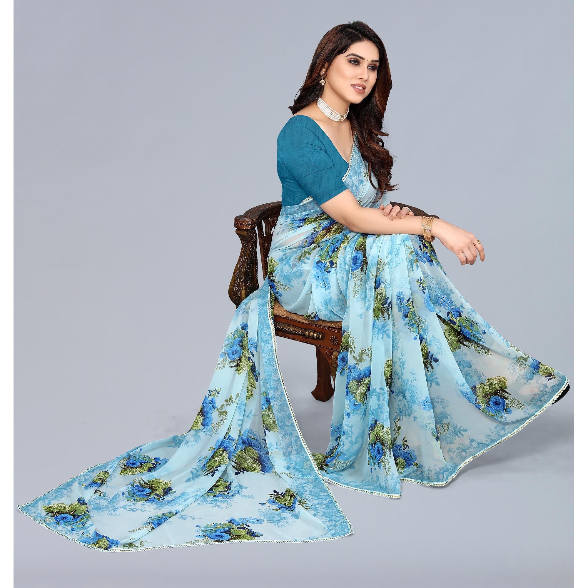 Sky Blue Floral Printed Georgette Saree