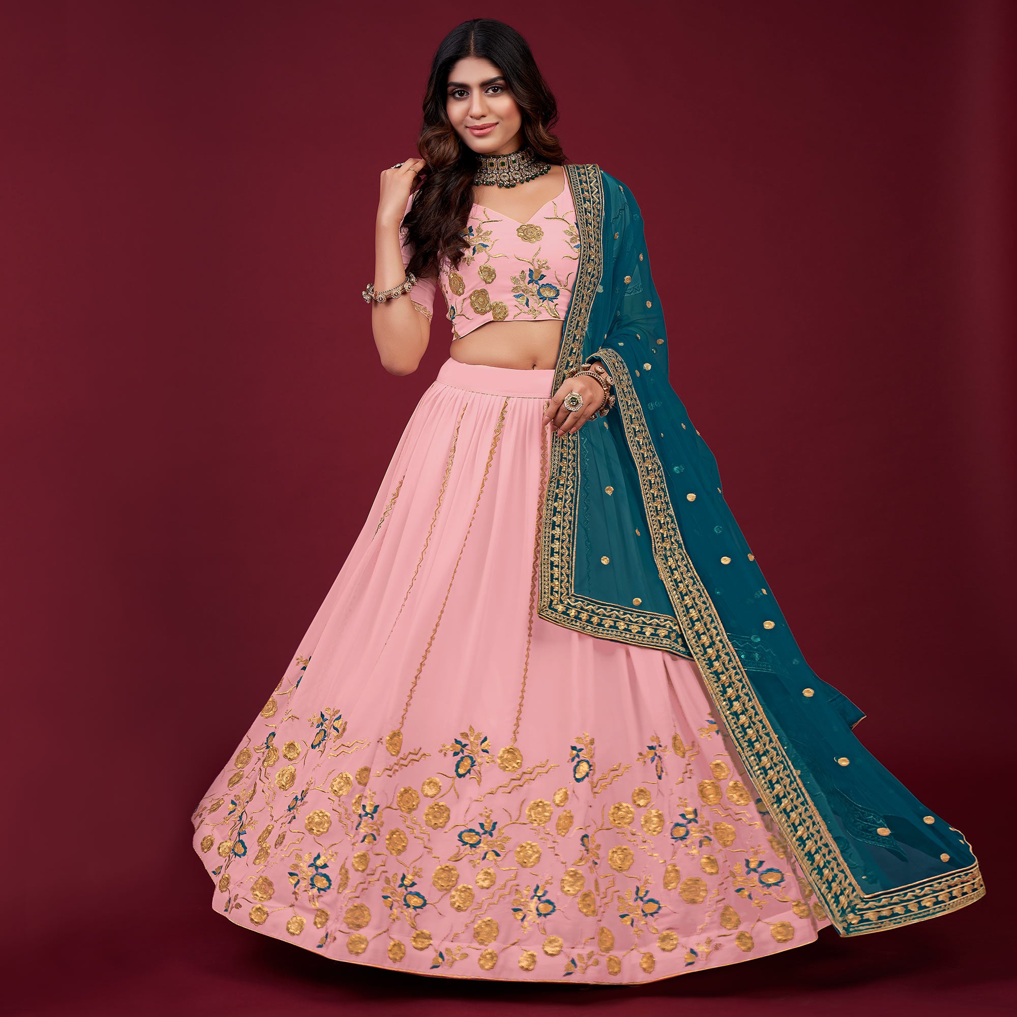 Pink Embroidered Georgette Lehenga Choli