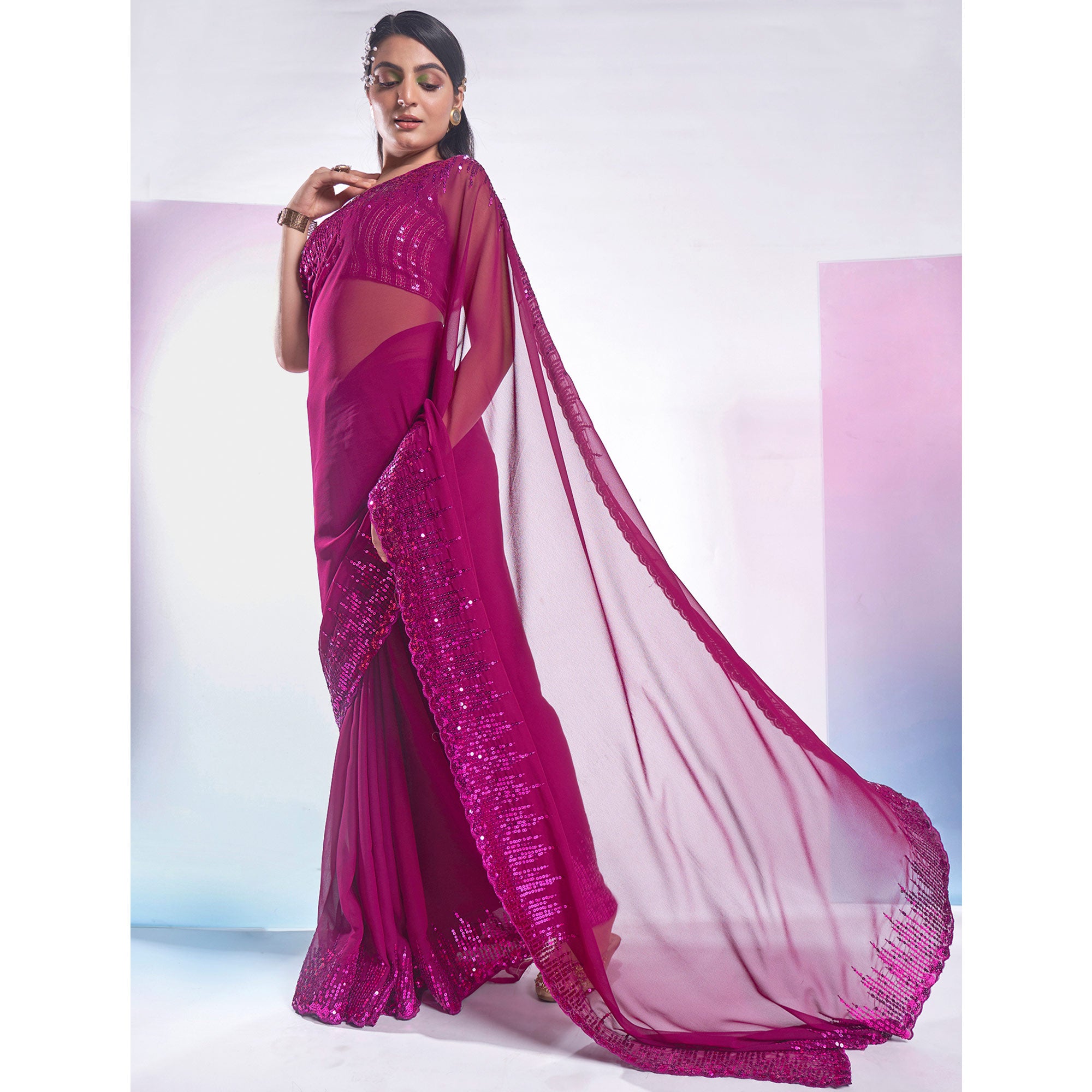 Purple Sequins Embroidered Georgette Saree